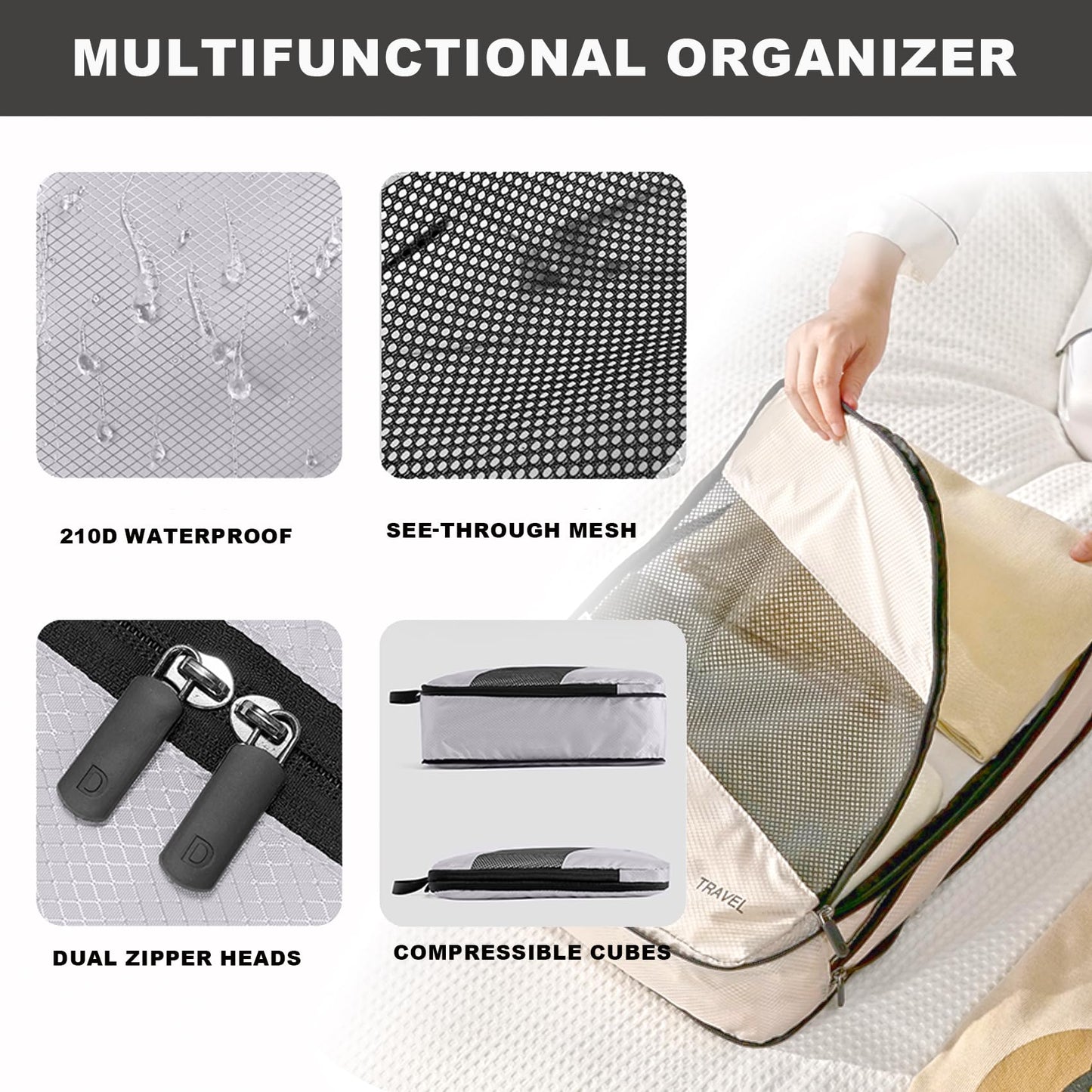 Baraida 6 Set Compression Packing Cubes for Suitcases, Space-Saving Packing Cubes for Travel, Durable Suitcase Organizer Bags Set for Travel Essentials, Double Zipper Compression Packing Cubes,Black