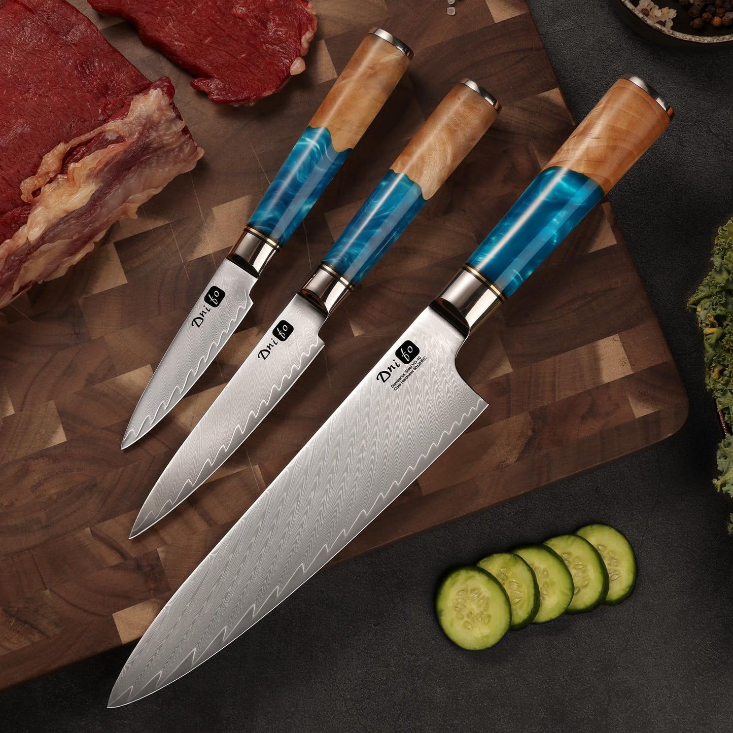 Dnifo Chef Knife 8 Inch, Damascus VG-10 Steel Sharp Japanese Kitchen Knife with Gift Box and Resin Wood Handle, Ideal Gift for Men and Women