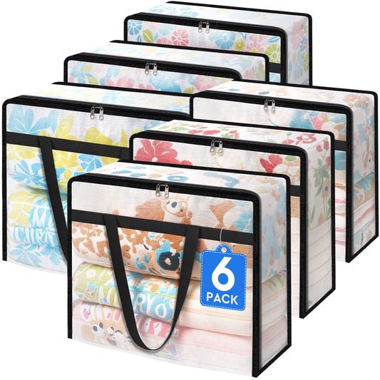TasticTotes 6 Pack Clear Storage Bags for Comforter, Clothes & Bedding, Plastic Blanket Storage with Zipper and Handle, Moving Bags, Closet Organizer and Under-Bed Storage (90L)