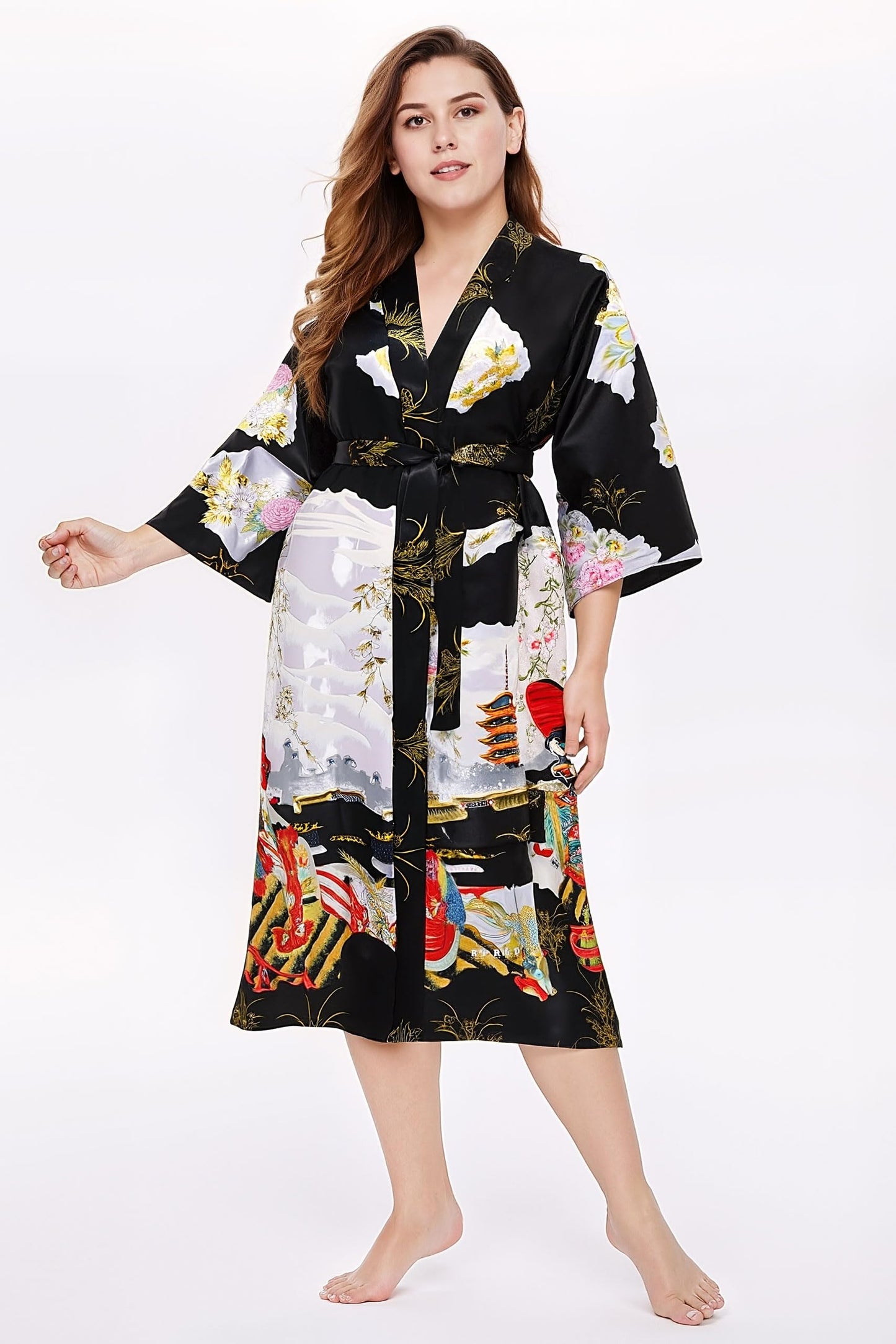 PRODESIGN Kimono Robe for Women - Long Satin Sleepwear Silky Kimono Cover-Up Nightgown Japanese Bathrobe Loungewear Blouse