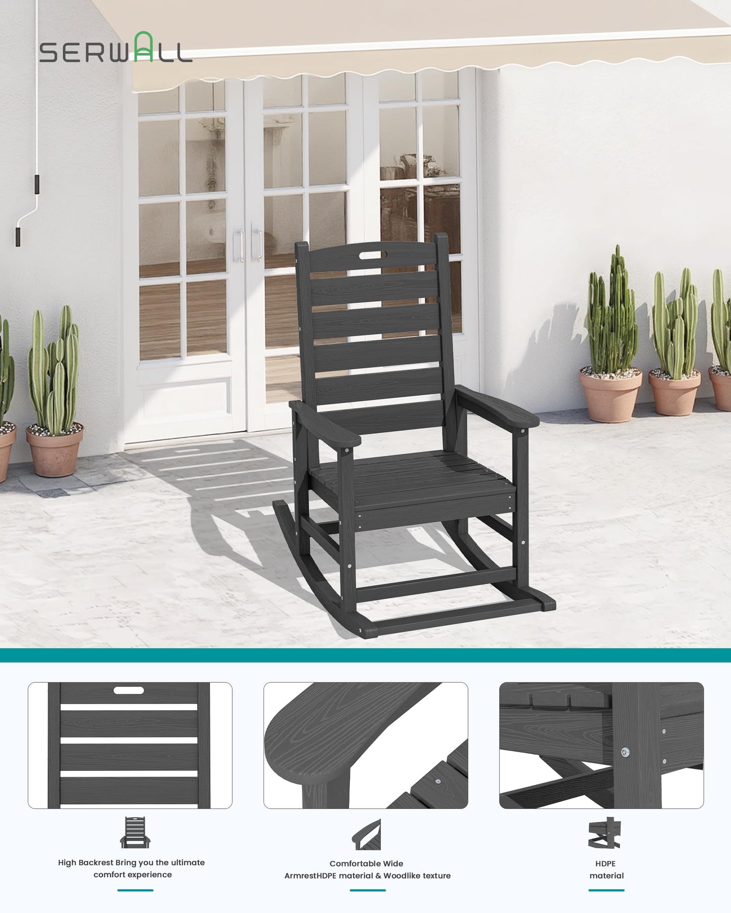 SERWALL Outdoor Rocking Chair, Oversized Rocking Chair with Footrest for Adults, HDPE All Weather Resistant Rocking Chairs for Patio, 350lbs Weight Capacity, Gray