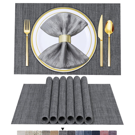 BETEAM Placemats Set of 6 Woven Vinyl Placemat for Dining Table Washable Wipeable Kitchen Place Mats Durable Indoor Outdoor Table Mats -01 Grey, 6 Pcs