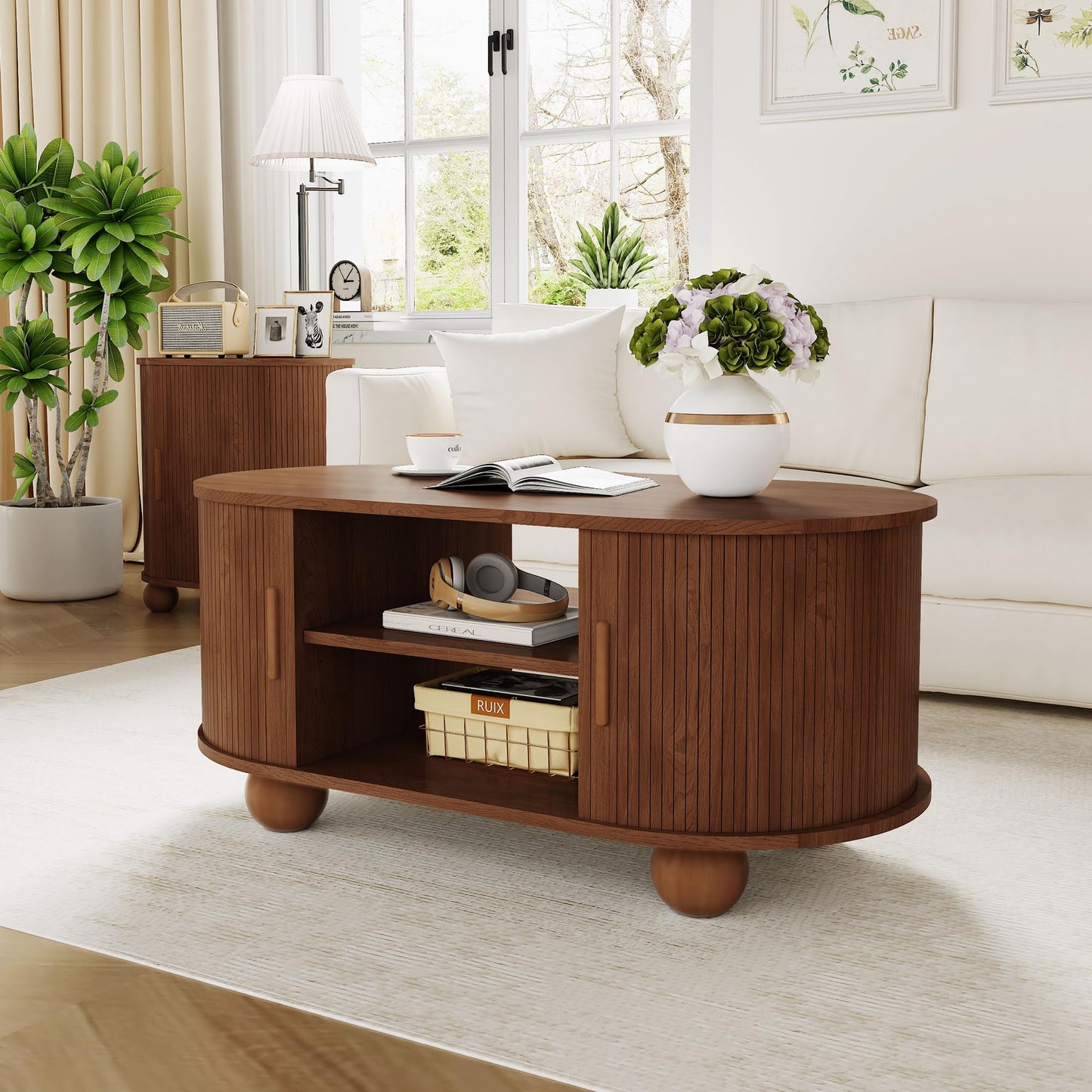 Rectangle Coffee Table, Mid-Century Modern Coffee Table with Storage & Sliding Doors, Fluted Coffee Table Center Table for Living Room, Dining Room, Apartment, Home Office (Walnut)