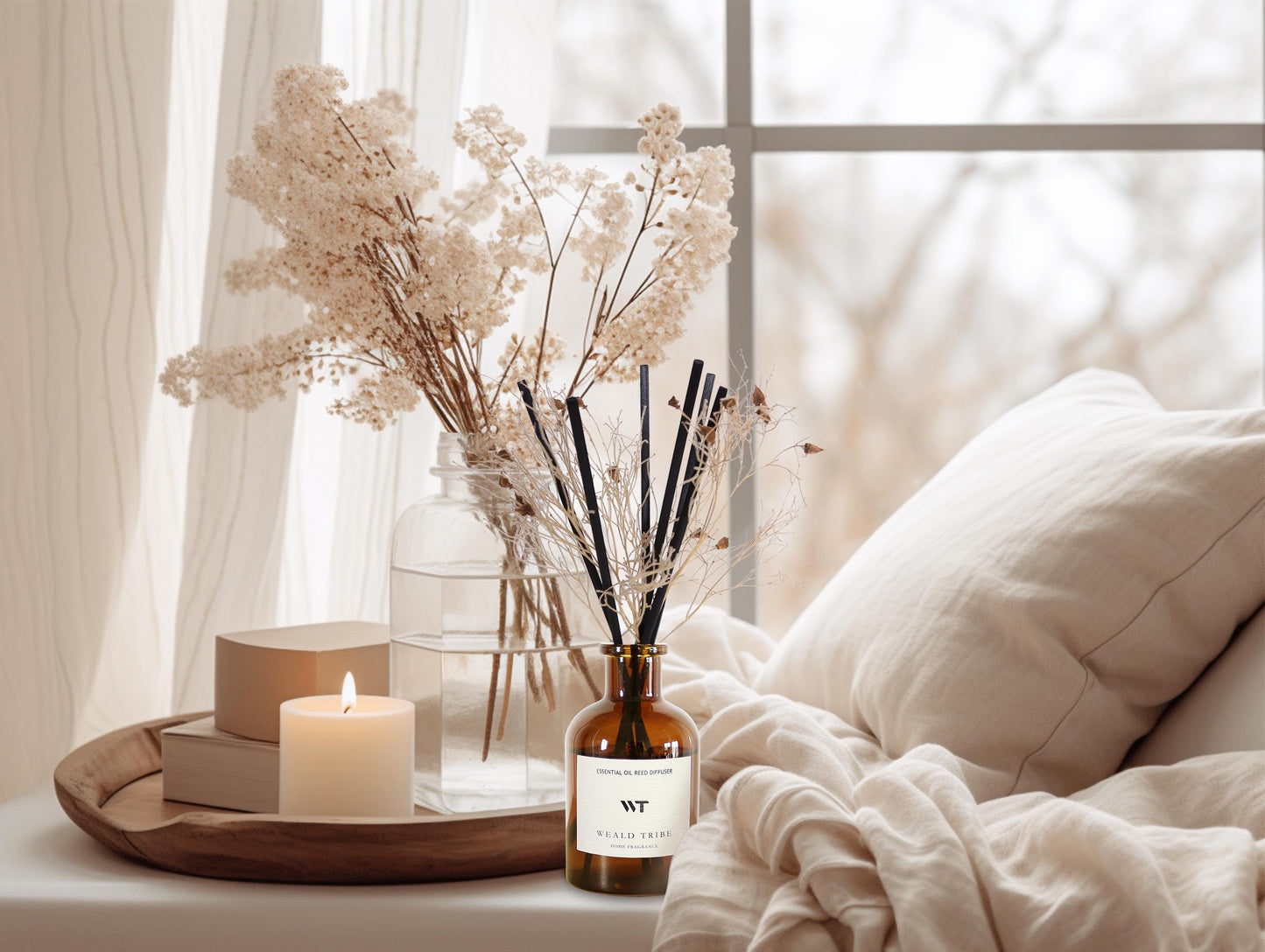 WEALD TRIBE Flower Reed Diffuser Set Clean White Linen Scent for Bathroom Air Fresheners | 4.0 fl oz Essential Oils with Sticks Home Fragrance Defusers | House Bedroom Office Shelf Decor & Gift