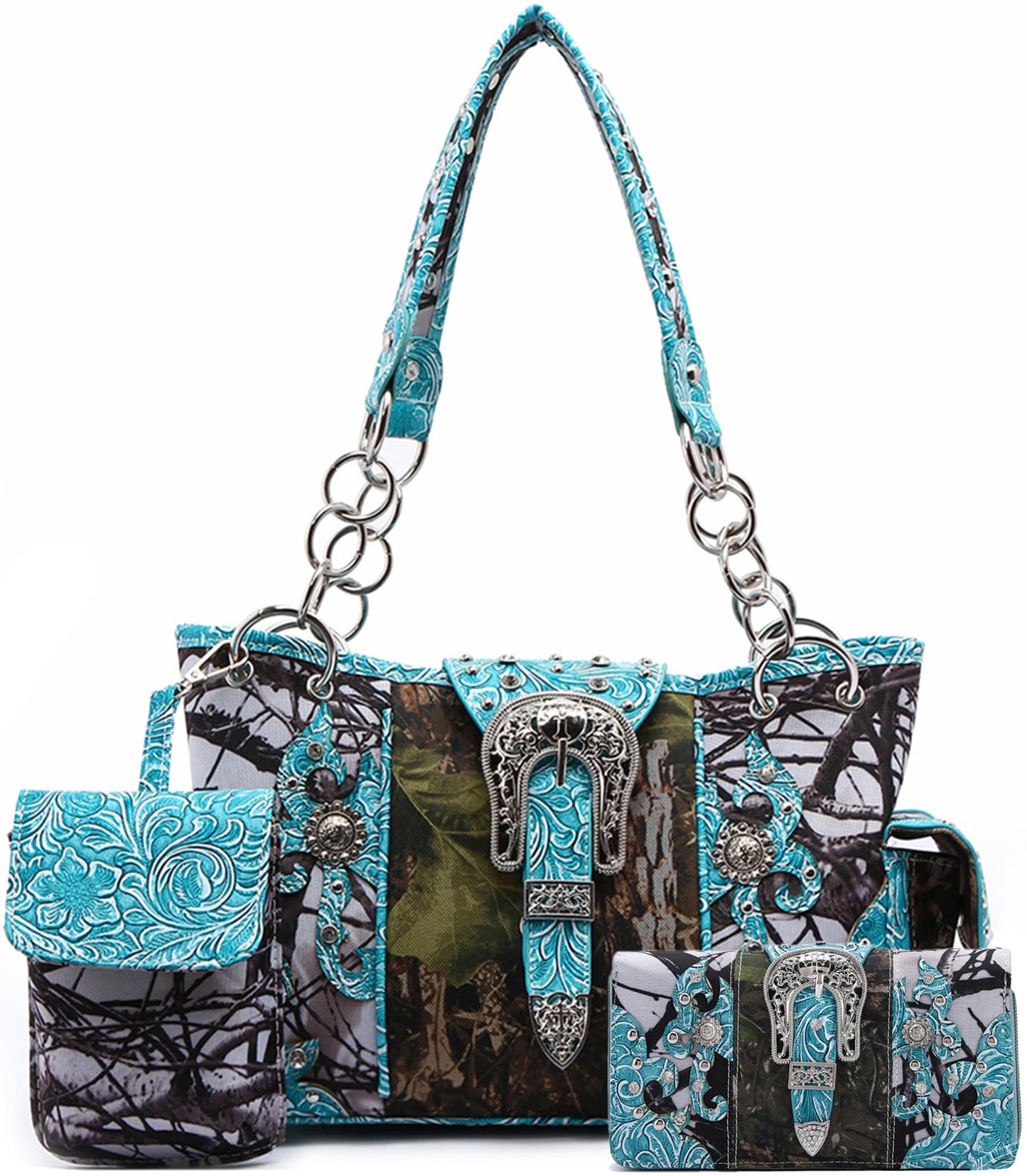 Western Style Camouflage Concealed Carry Purse Buckle Country Studs Women Handbag Shoulder Bag Wallet Set (Turquoise Set)