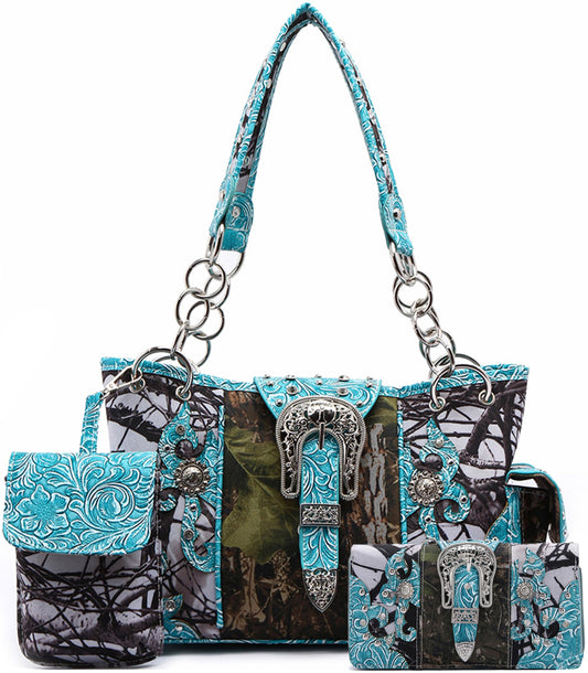 Western Style Camouflage Concealed Carry Purse Buckle Country Studs Women Handbag Shoulder Bag Wallet Set (Turquoise Set)
