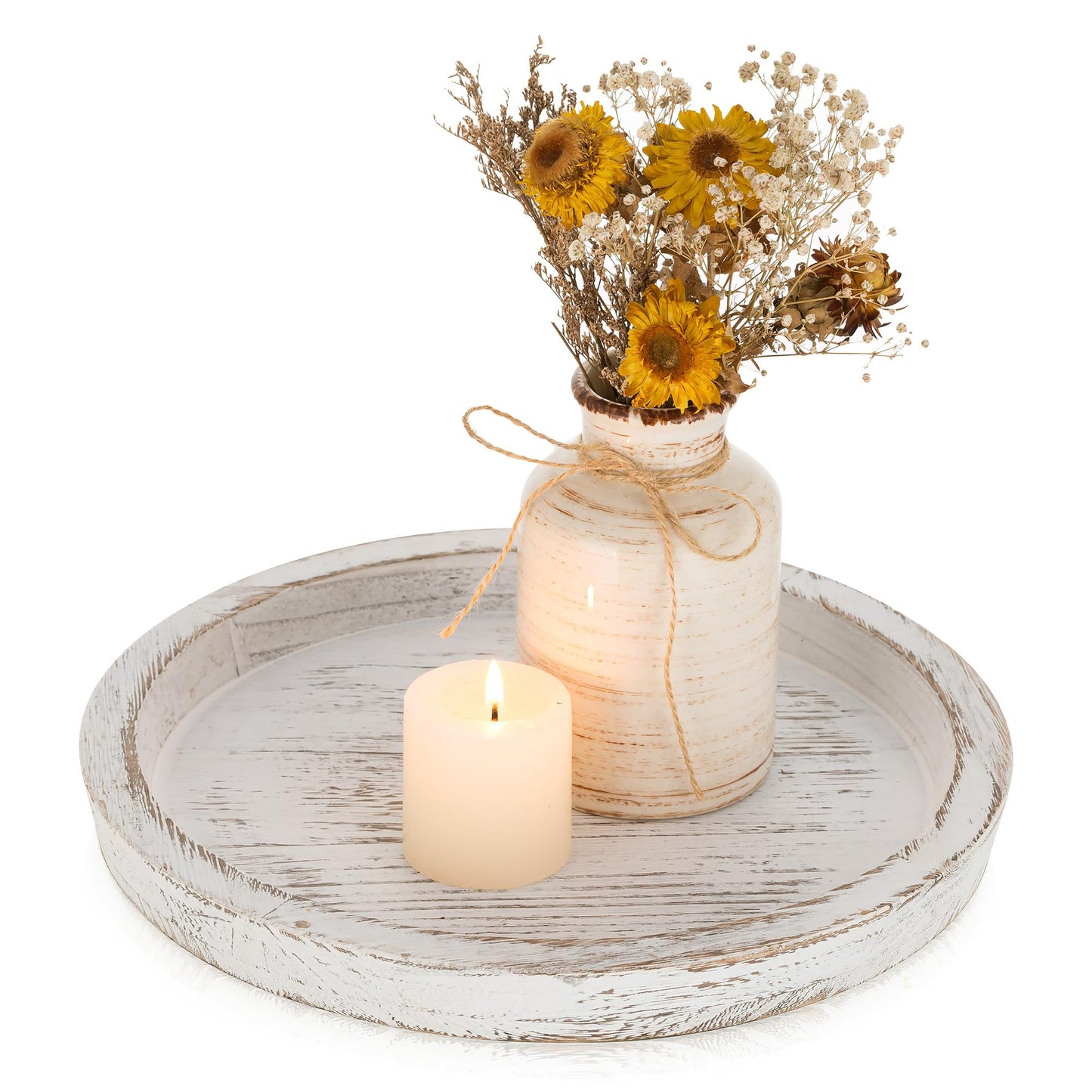 Romadedi Rustic Wooden Tray Candle Holder - Small Wood Decorative Plate Pillar Candle Tray for Farmhouse Kitchen Countertop Bathroom Coffee Table Organizer Home Decor Wedding Centerpiece, 11inch