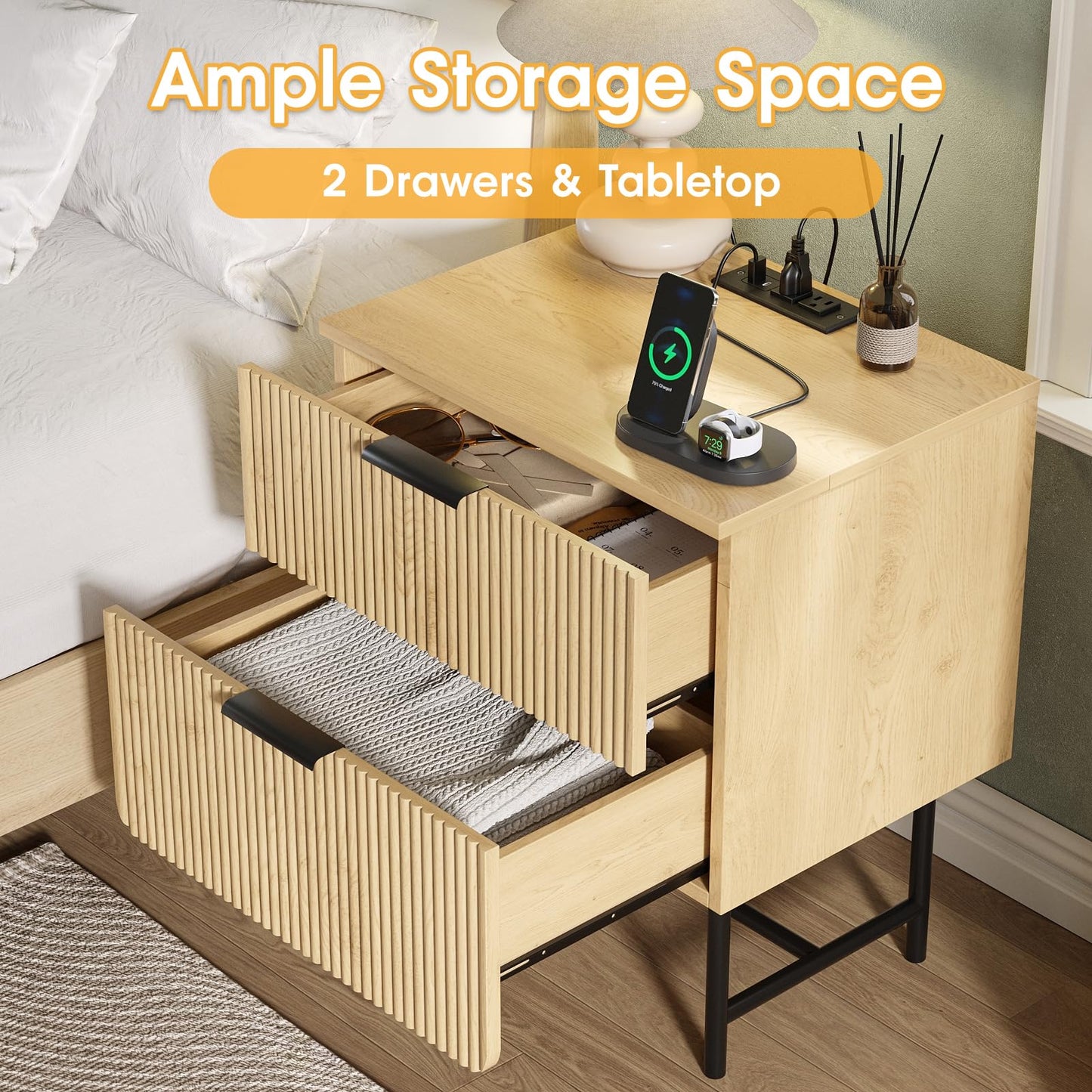 Fluted Nightstand with Charging Station, 20" Modern Bedside Table with 2 Drawers for Bedroom, Mid Century Modern End Table with Storage for Living Room, Natural Oak (1 Piece)