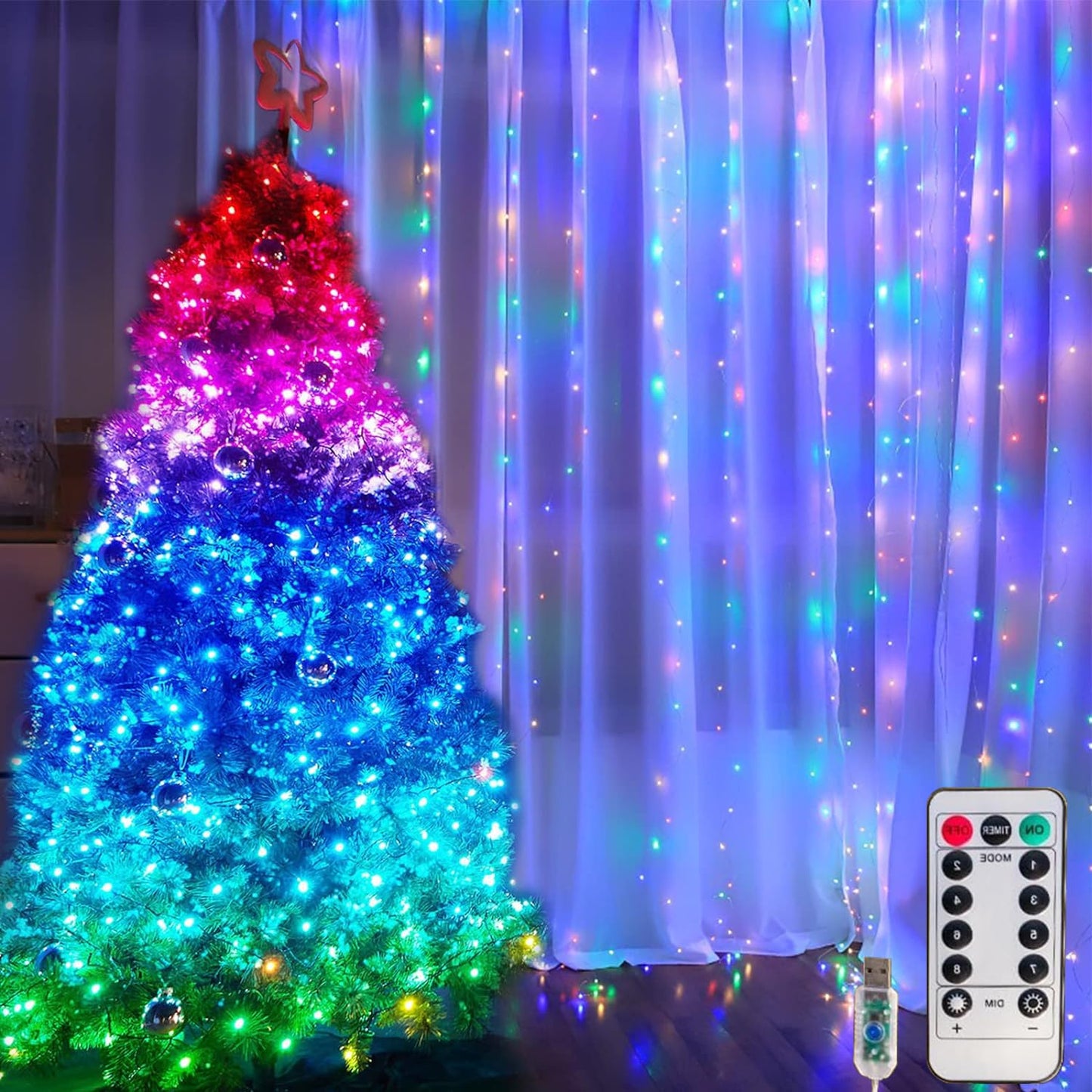 Honche 300Led Cuttable Curtain String Lights 10x10ft with Remote Window Lights for Bedroom Wedding Party Festive Season Propose Marriage (Colorful)