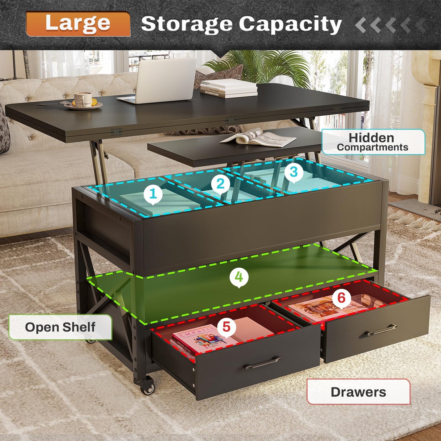 Itaar 40" Lift Top Coffee Table, 4 in 1 Coffee Tables with Storage for Living Room, Small Farmhouse Coffee Table with 2 Drawers & LED Light for Dining Reception Room, Black