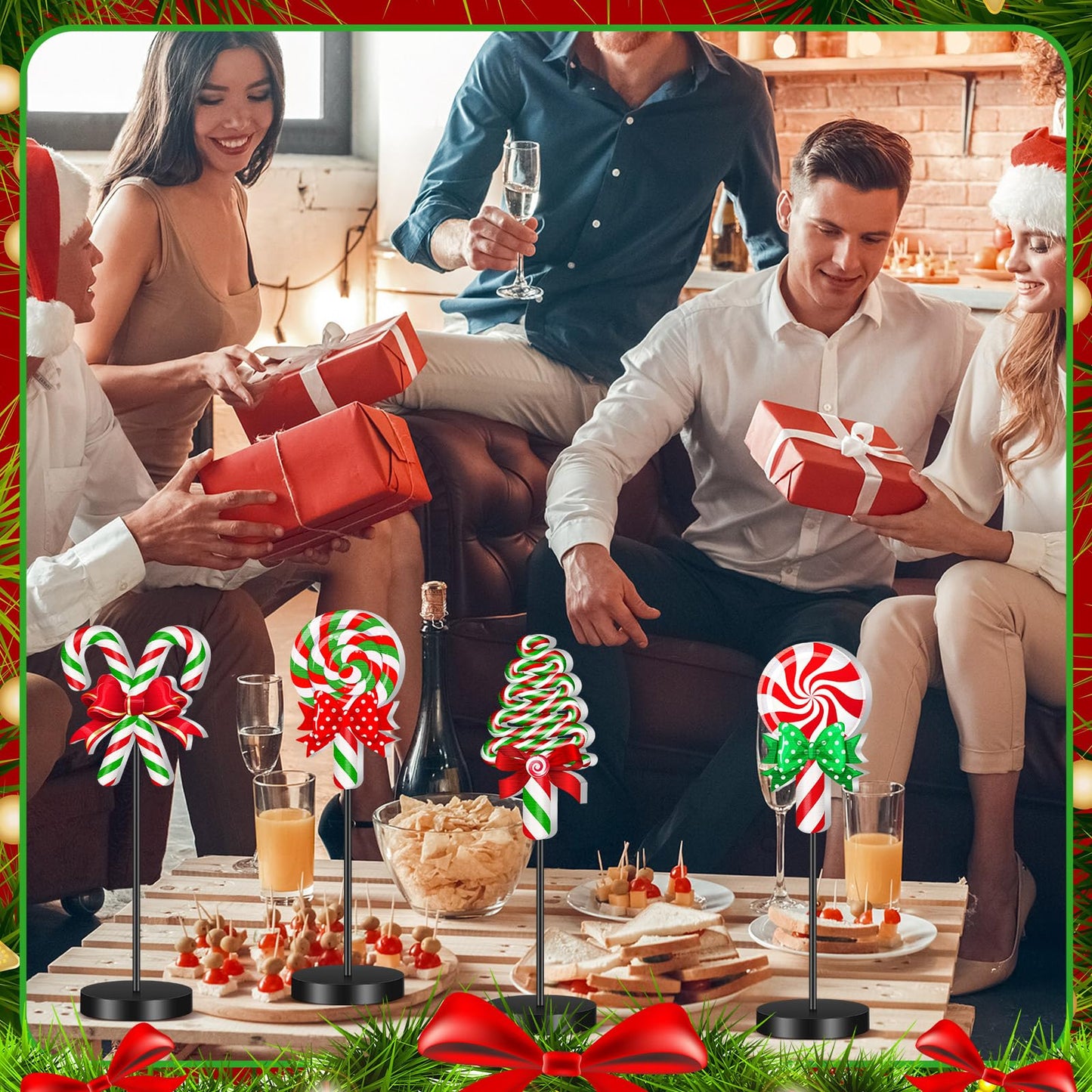 Geetery 6 Pcs Christmas Wooden Table Decor Christmas Table Centerpiece Candy Cane Themed Party Wood Decoration Rustic Farmhouse Tabletop Decoration for Home Xmas Holiday Party Kitchen Decor