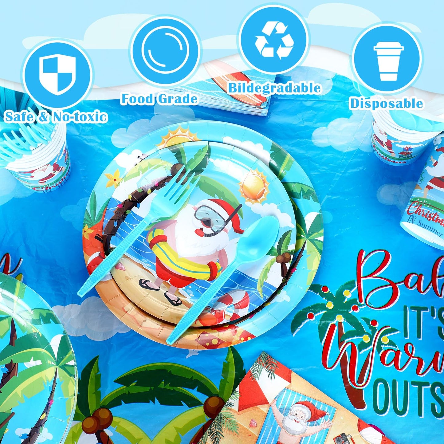Teenyyou 148 Pcs Summer Christmas Decoration Summer Party Supplies with Disposable Tablecloths Plates Cups Napkins Forks Spoons Banners for Christmas Pool Party Favors