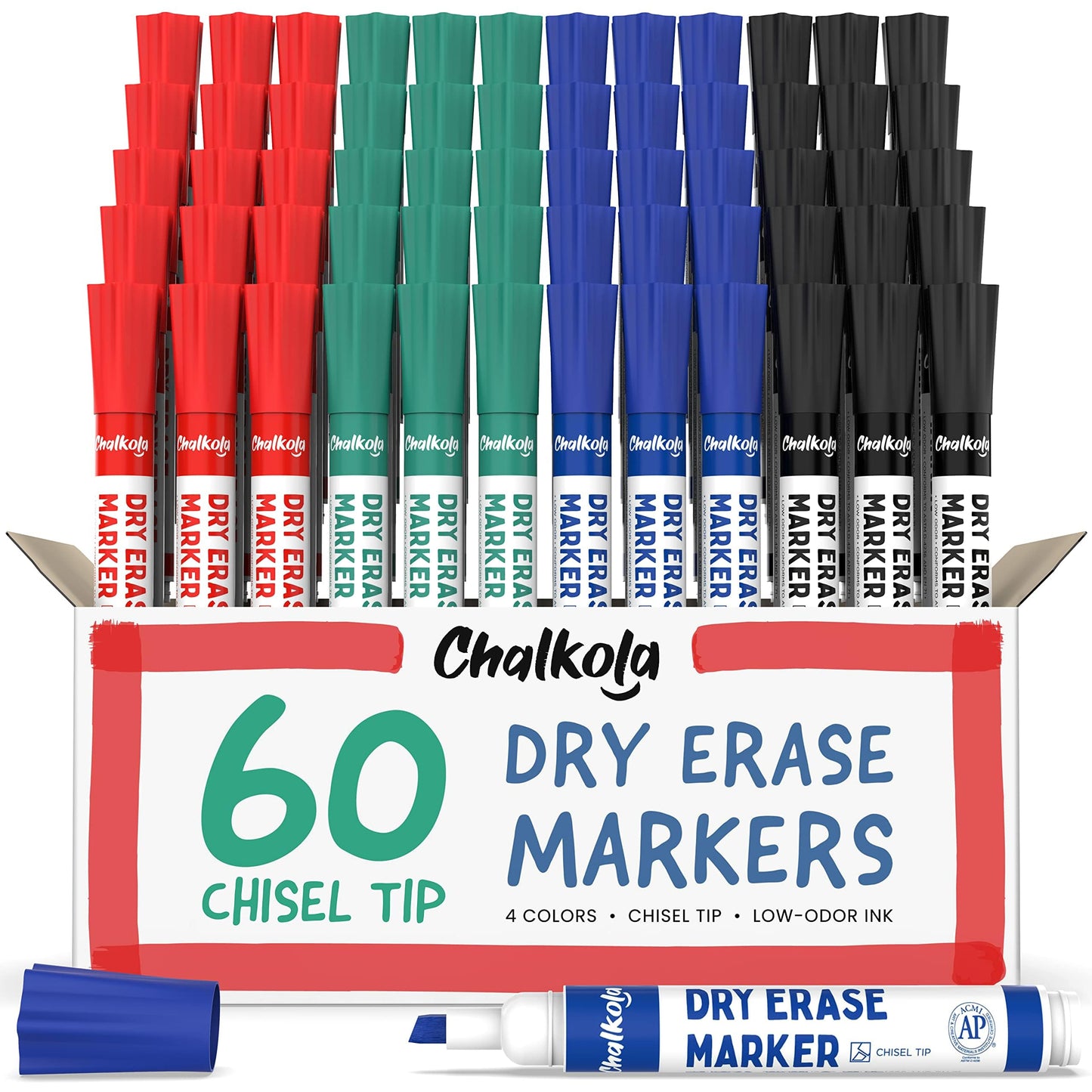 Chalkola Dry Erase Markers Bulk (60 Pack, 12 Vibrant Colors) | Chisel Tip WhiteBoard Markers, Dry Erase Pens - White Board Pens for Kids, Teachers - Home, Office, School Classroom Supplies