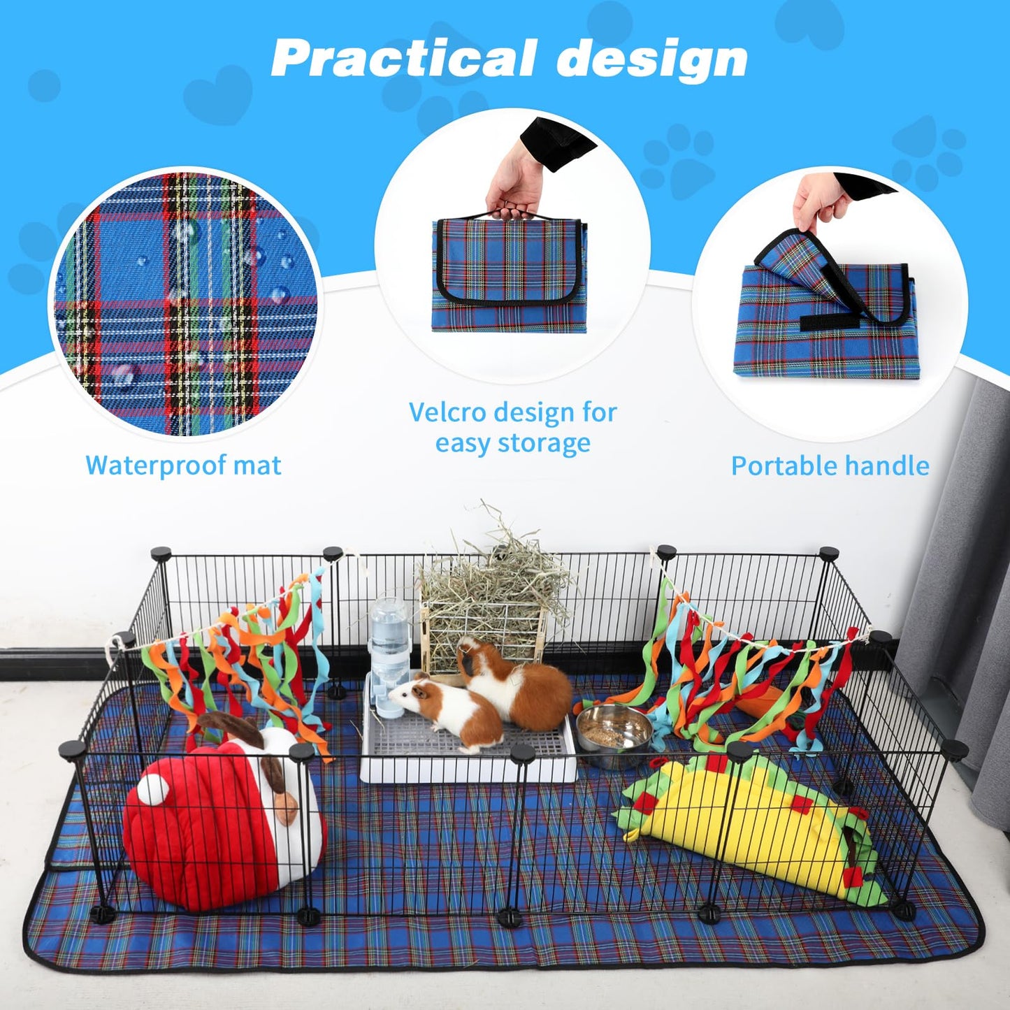 Midollarle Pet Playpen with Mat, Small Animal Cage with Mat, Guinea Pig Cages, Puppy Pen for Indoors with Colorful Mat, 12 Panels Interior Metal Wire Yard Fence