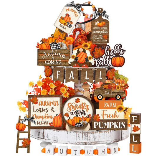 Maitys 21 Pcs Fall Thanksgiving Tiered Tray Decor Set Pumpkin Gnome Truck Wood Sign Rustic Farmhouse Decor Hello Fall Wood Bead Decorative Tabletop Sign for Autumn Thanksgiving Day(Vintage)