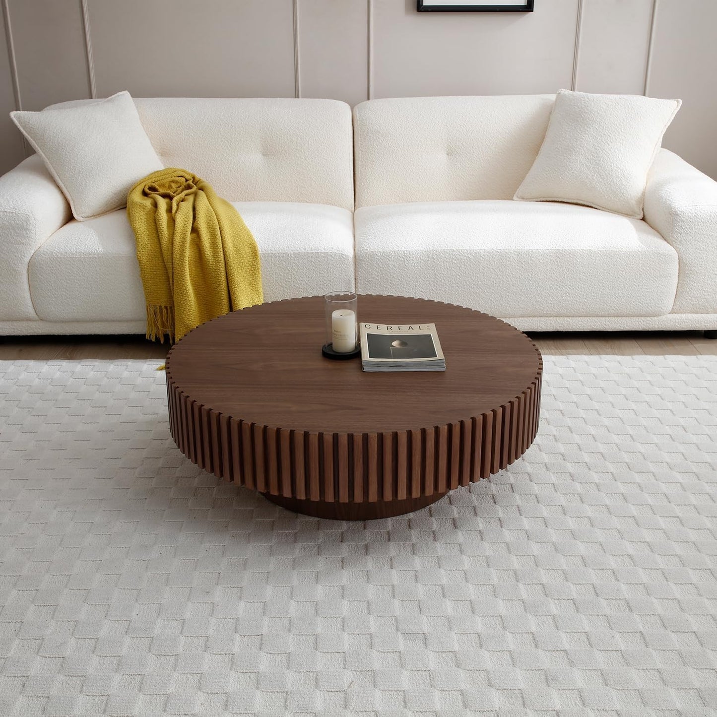 JURMALYN Walnut Round Coffee Table for Living Room Contemporary Circle Wood Coffee Table with Pedestal, Easy Assembly ø31.49'',