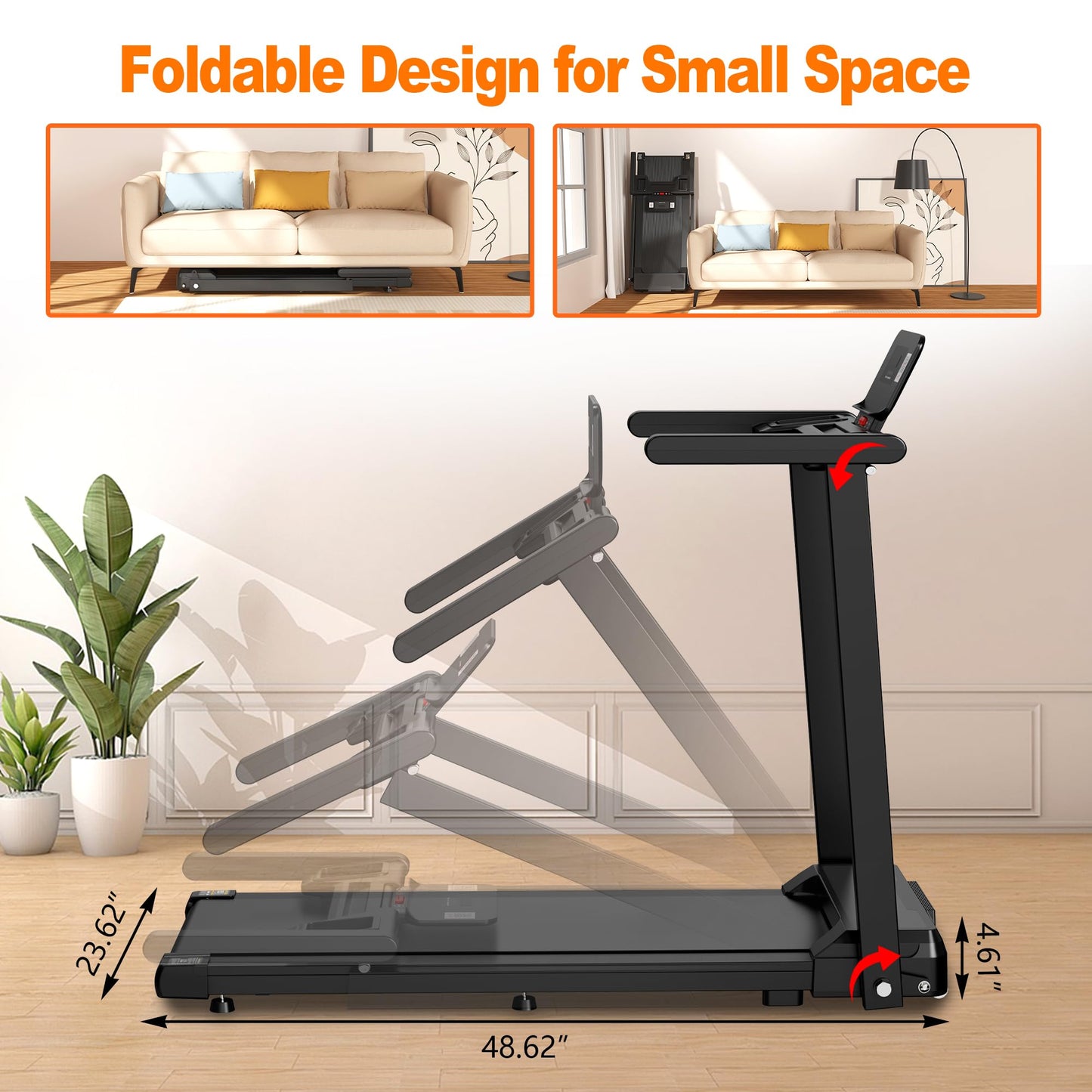 FYC Folding Treadmill with Handles, Treadmills for Home Small Spaces, 2.5HP Foldable Treadmills with LED Display, 300 LBS Capacity, Walking Pad Treadmill with Handle Bar