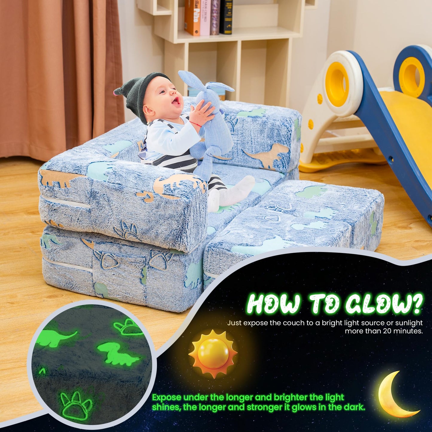 furlinkhm Toddler Couch, Glow in The Dark Kids Play Couch Toddler Fold Out Couch, Kids Fold Out Couch for playroom, Convertible Baby Fold Out Play Foam and Floor Cushion for Bedroom, Blue+Dinosaur