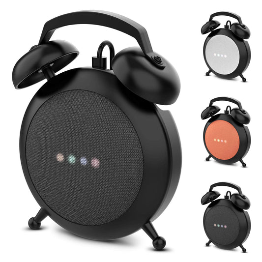 Wassers Portable Electronic Device Mount, Black - Google Home Mini and Nest Mini Stand Holder with Retro Alarm Clock Design, Protective Case & Cable Management
