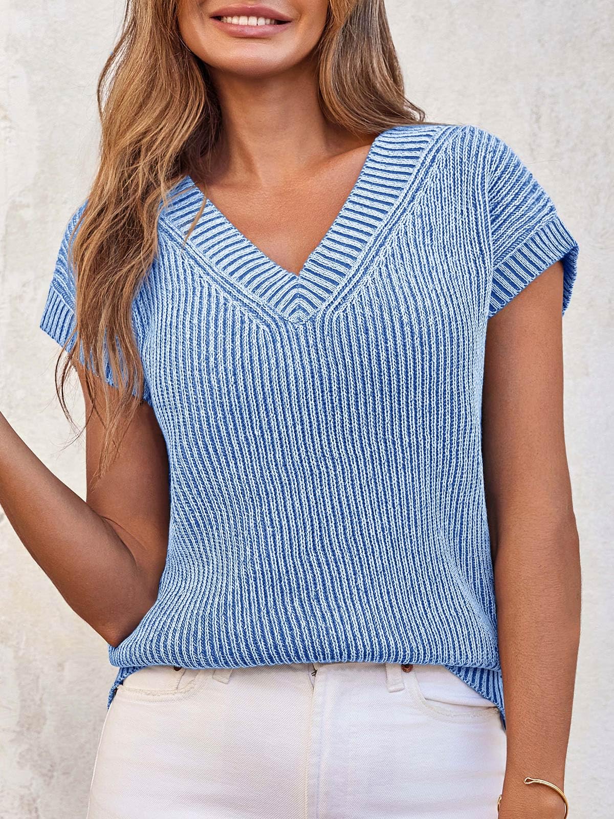 Saodimallsu Womens V Neck Short Sleeve Sweater Summer Lightweight Cap Sleeve Casual Loose Knit Pullover Tank Tops Blue