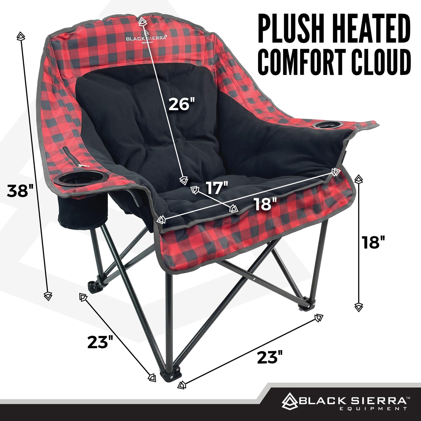 Black Sierra Heated Camping Chair for Adults, Oversized Outdoor Seat with Plush Padding, Supports 400lbs, Cup Holders and Carry Bag, Heavy Duty Folding Chair for Tailgating, Patio, or Sideline Comfort