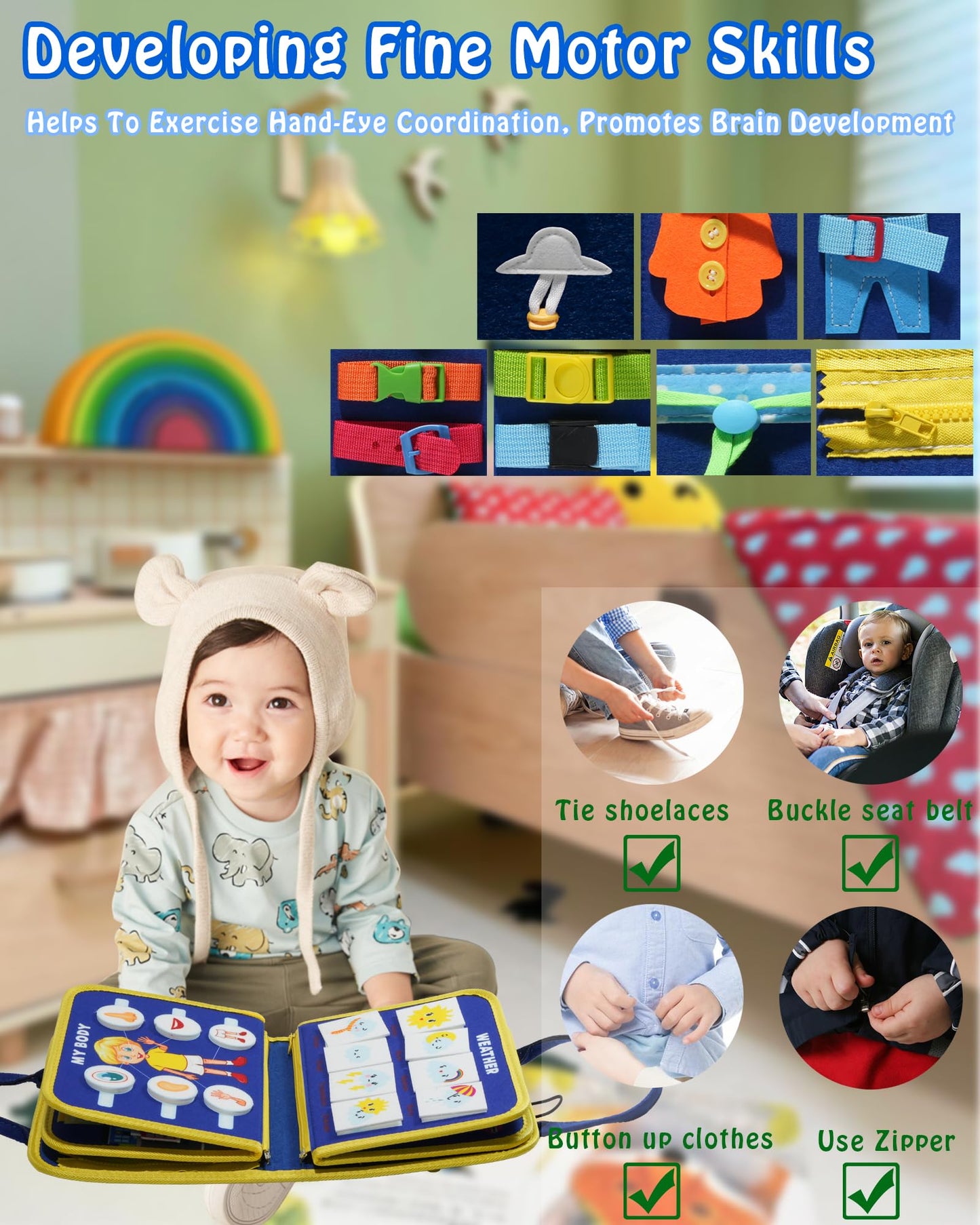 Busy Board Montessori Toys for 1 2 3 4 Year Old Girl Busy Book for Toddlers Preschool Learning Book for Fine Motor Skills, Sensory Toys for Autism Kids, Birthday Valentines Gifts for Boy 1-3 -Blue