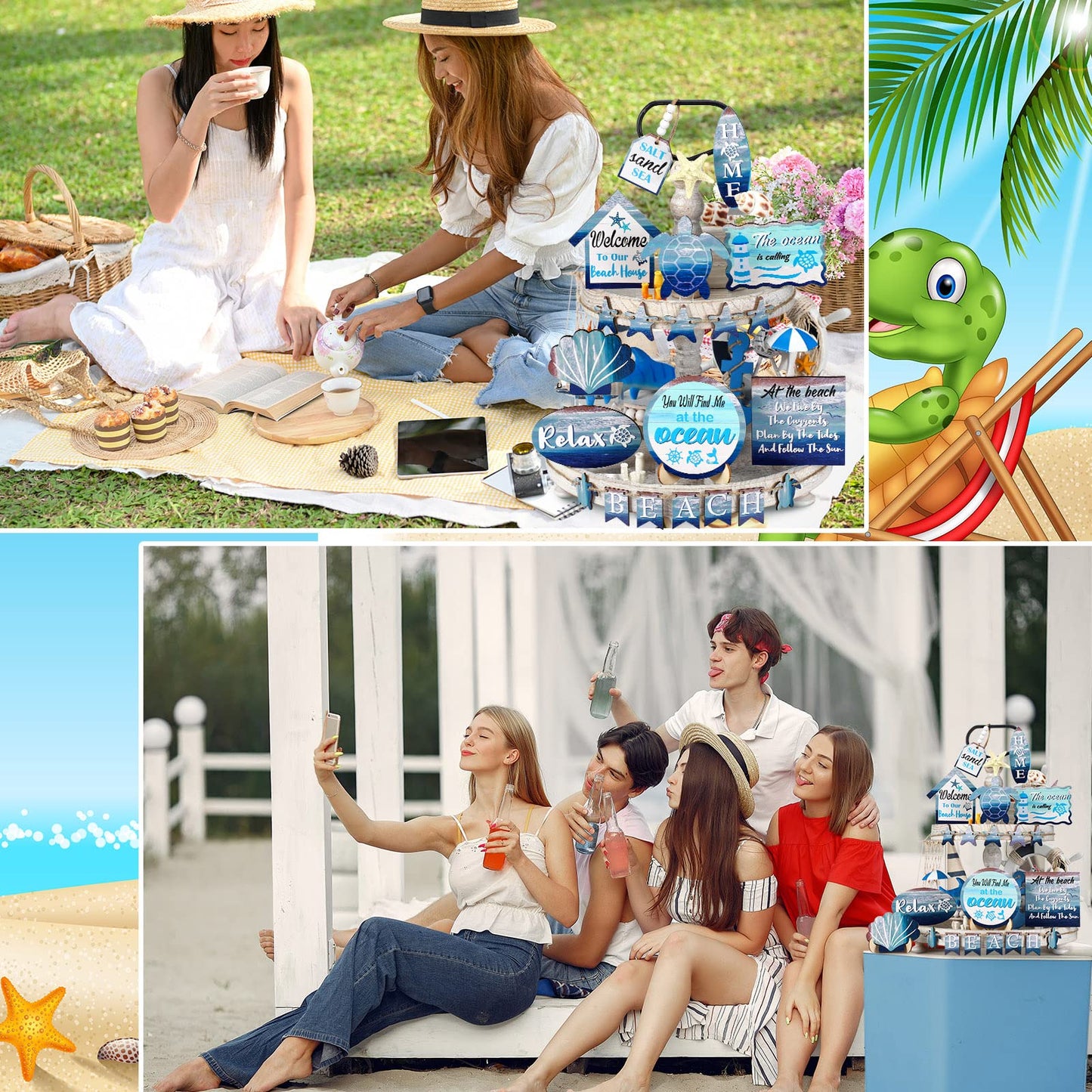 Maitys 21 Pcs Summer Beach Tiered Tray Decor Set Farmhouse Tray Decor Items Sea Turtle Shell Conch Wood Sign Rustic Beach Table Decoration for Home Kitchen Hawaii Party Holiday Outdoor Shelf