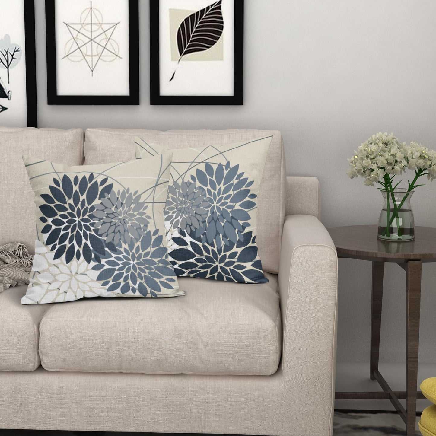 Dusty Blue Flower Pillow Covers 18x18 Grey Gray White Dahlia Floral Spring Decorative Throw Pillows Farmhouse Outdoor Seasonal Decor for Home Sofa Bed Couch Modern Square Cushion Cases, Set of 2