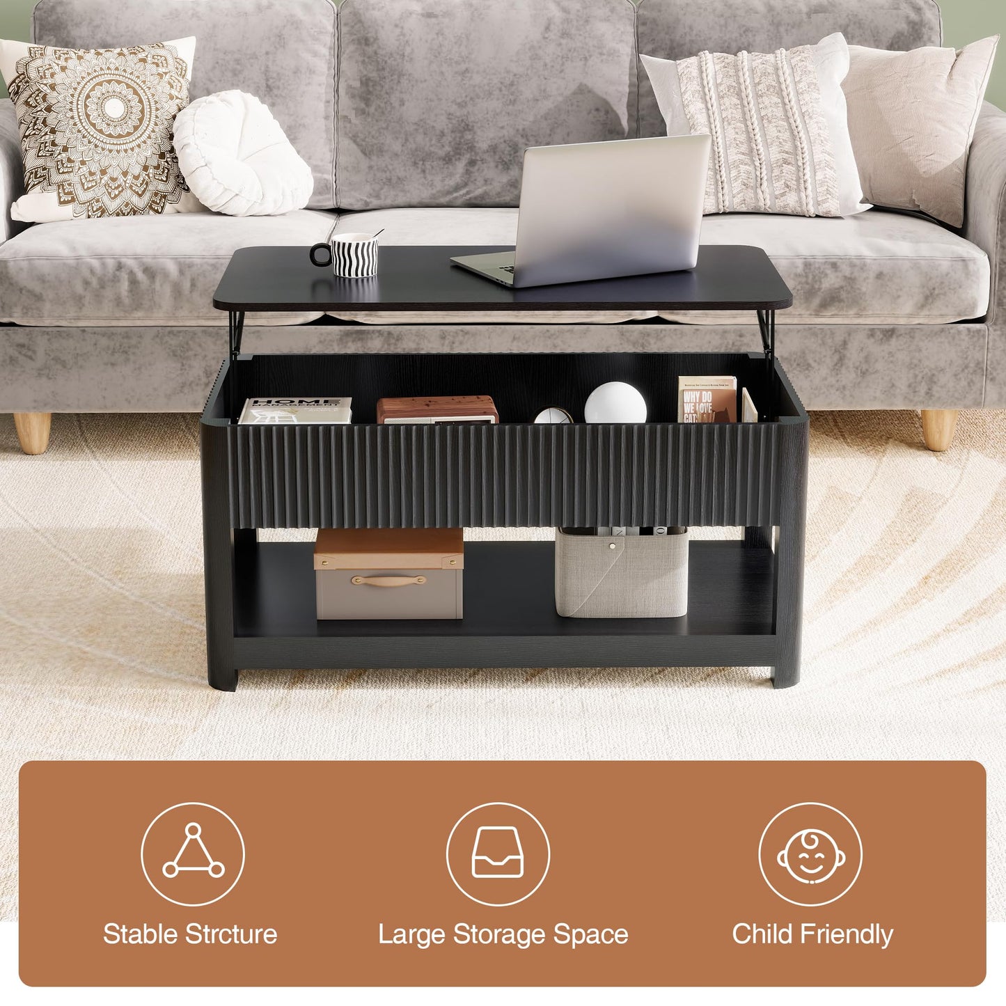 Nasonet Lift Top Coffee Table with Storage, Mid Century Modern Coffee Table with Hidden Compartment, Fluted Wood Center Table for Small Space, Living Room, Home Office(Black)