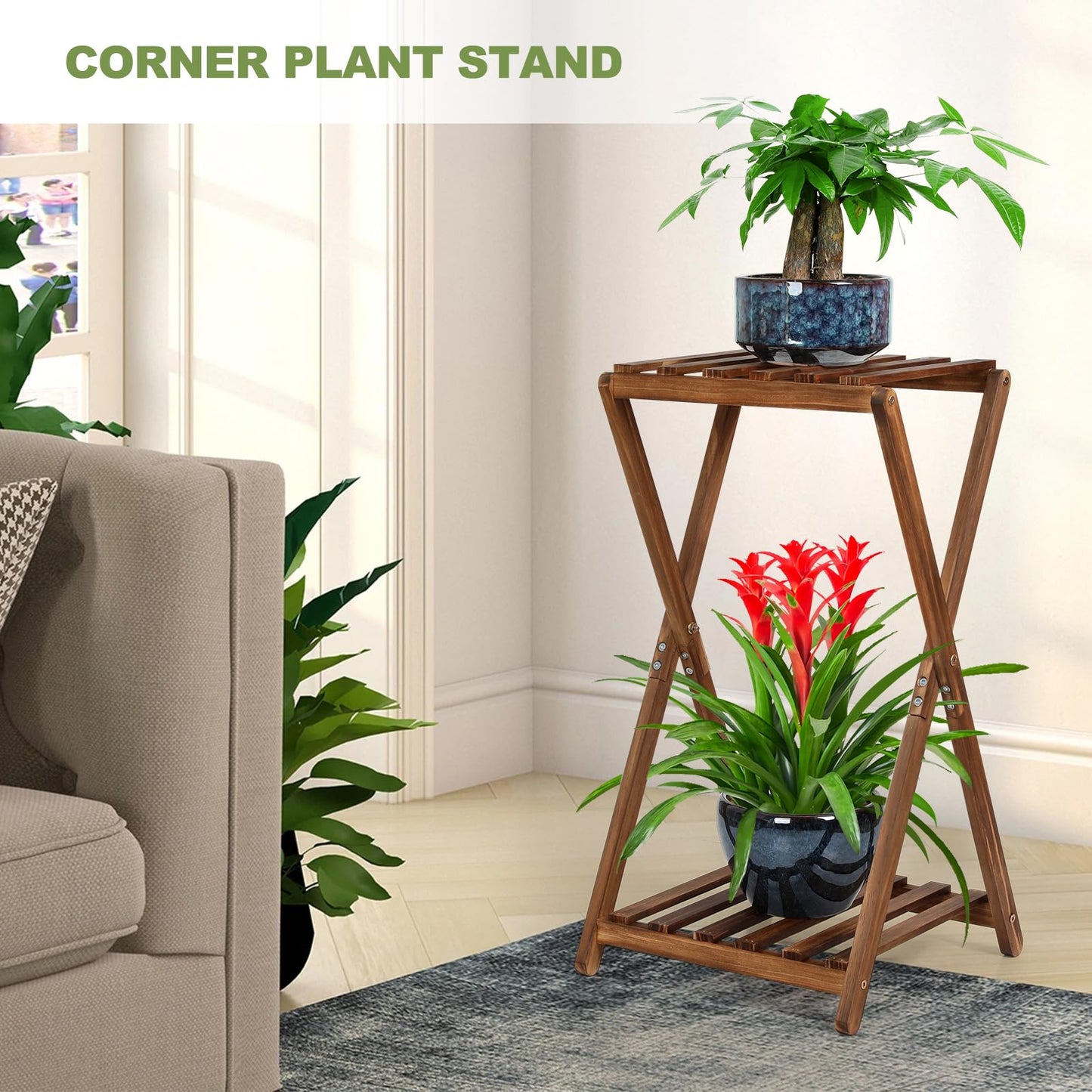 Jotboom Plant Stand Indoor,Wooden 2 Tier Plant Stands,Corner Square Plant Shelf,Rustic Flower Stand Tall Plant Holder for Living Room Bedroom Balcony Office