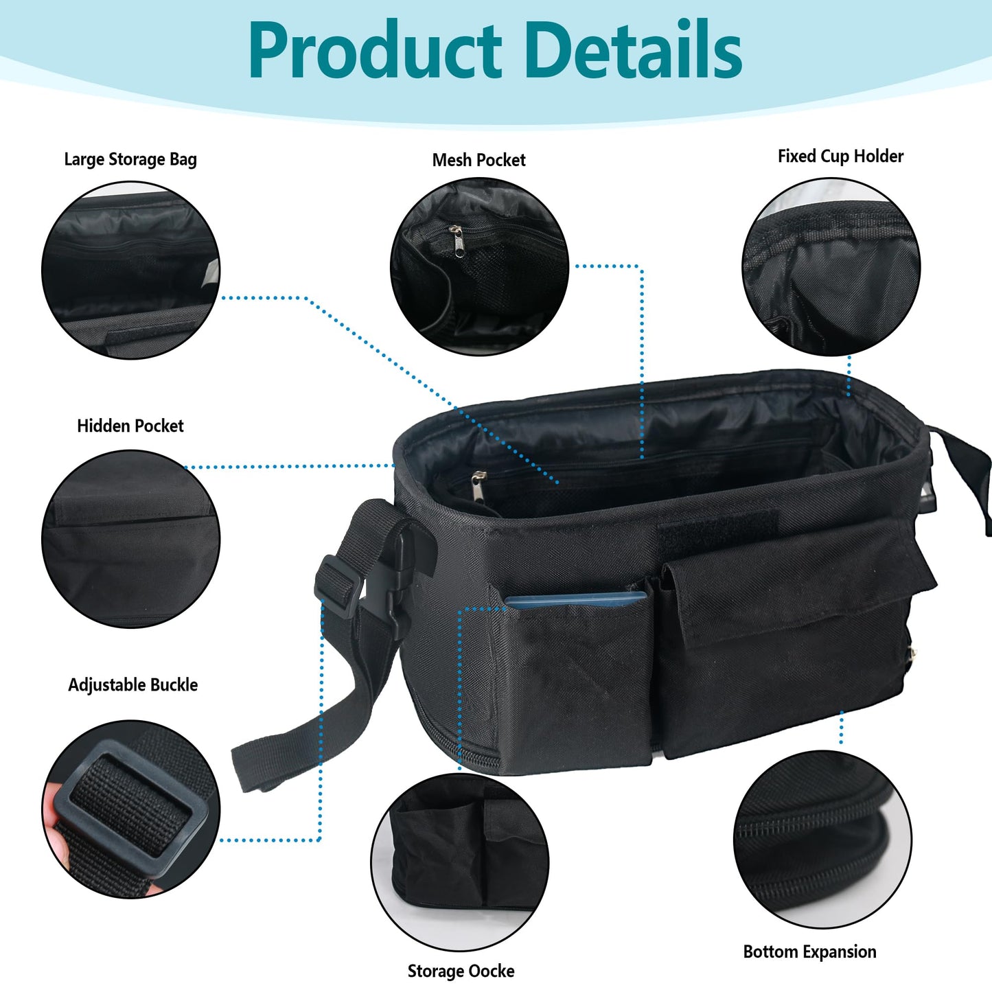 Rasfalo Universal Stroller Caddy Expandable Organizers & Detachable Shoulder Strap, Stroller Organizer With Cup Holder Fits for Stroller Like Uppababy, Baby Jogger, BOB, Doona, Britax