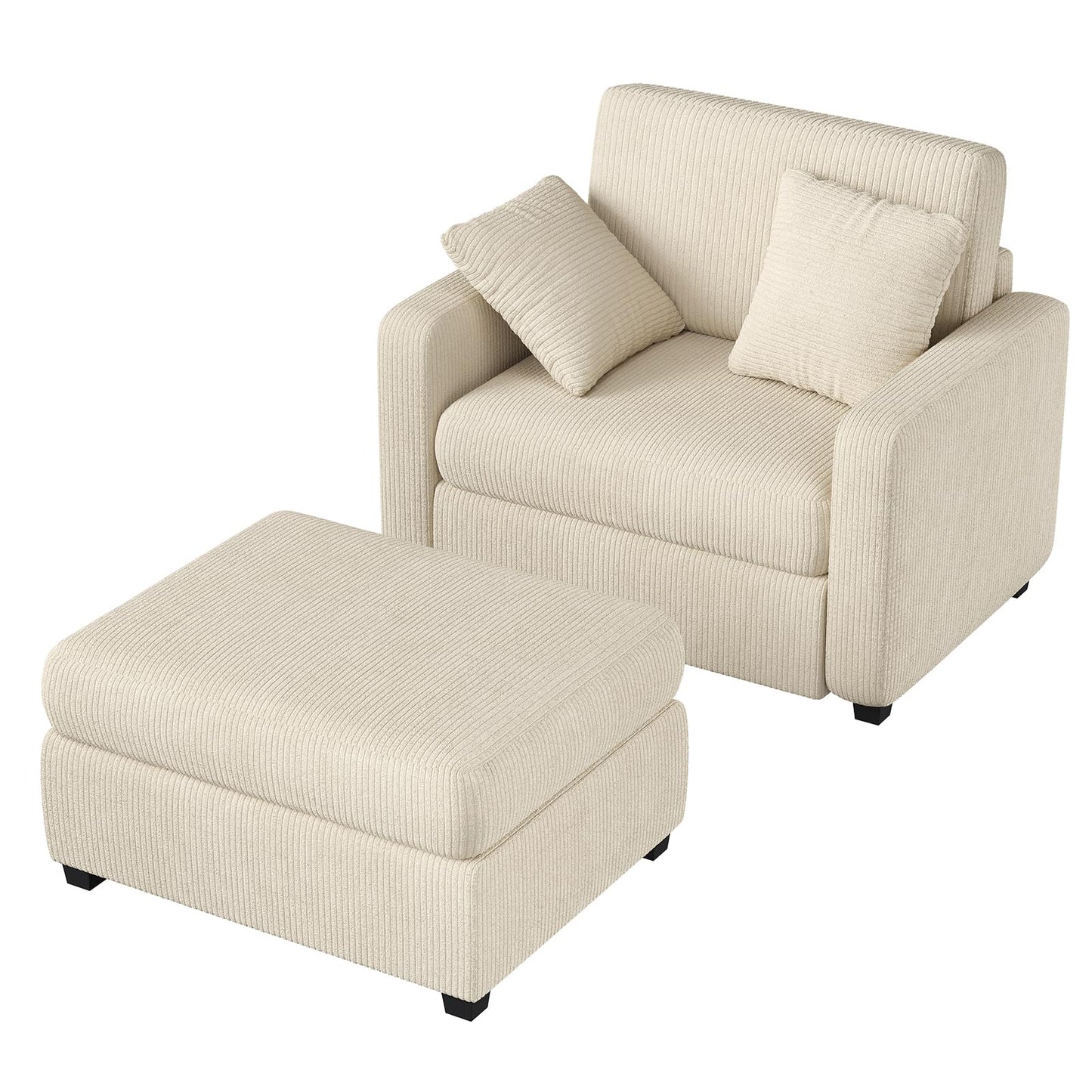 Apicizon Chaise Lounge Chair Indoor, 42" Oversized Sofa Bed with Two Throw Pillows and Armrests, Corduroy Chaise Lounge for Bedroom, Single Sleeper Chair with Ottoman for Living Room, Beige