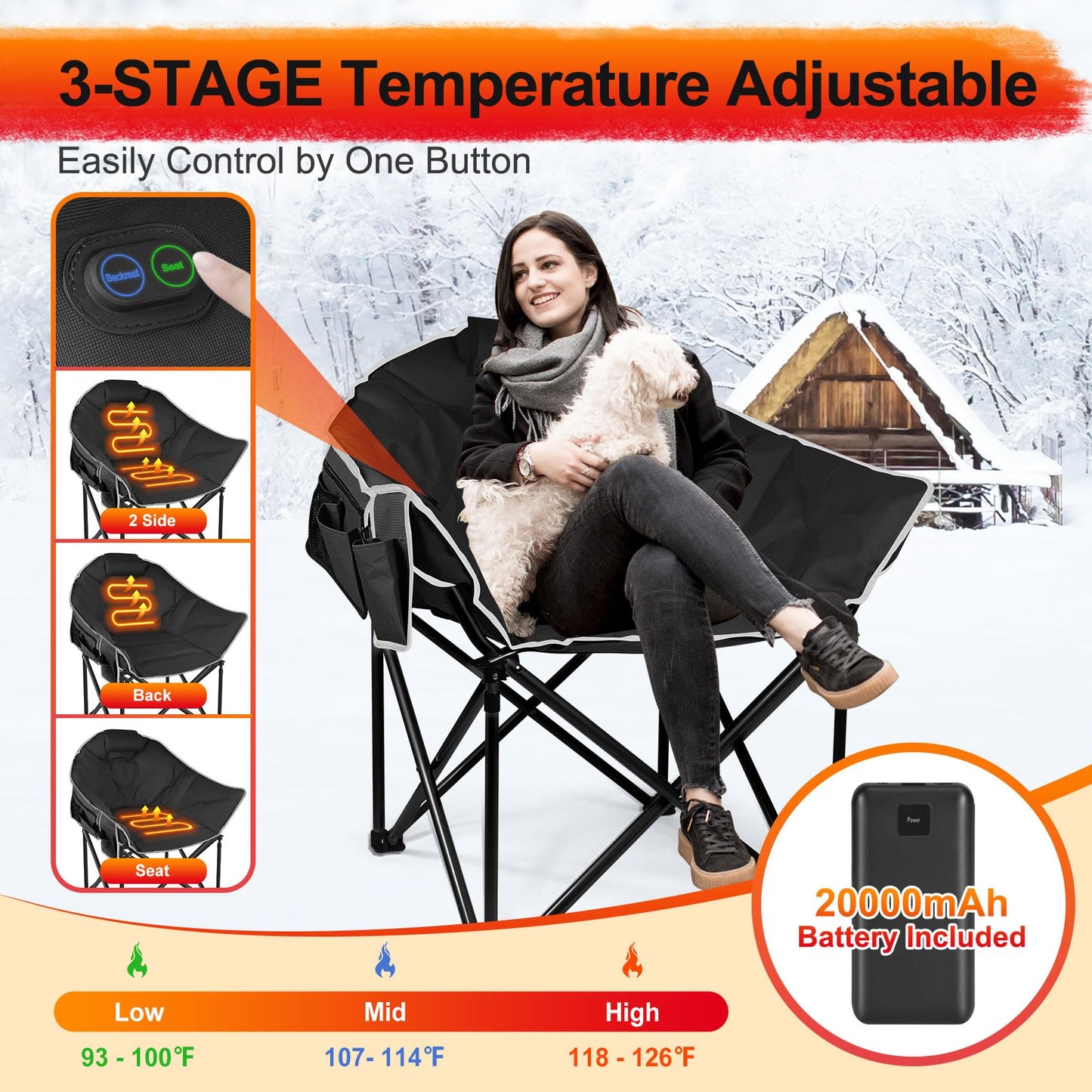 Slendor Oversized Heated Camping Chair with Power Bank, Portable Lounge Lawn Chairs, 3-Level Heats Padded Camping Chairs with Pillow, Storage Bag,10S Quick Heat, Extra Large, Supports 440lbs, Black