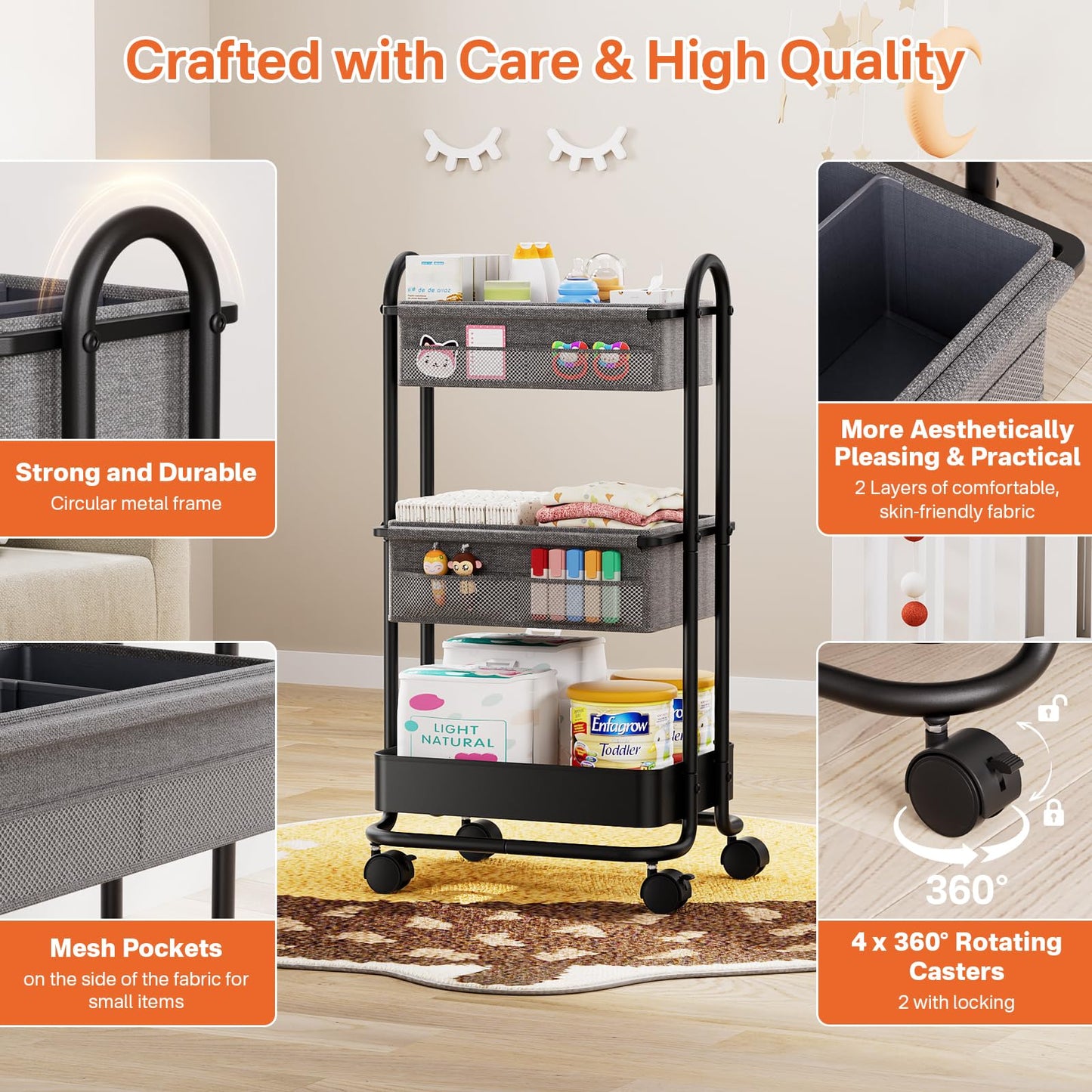 Modanais Baby Diaper Caddy Organizer Cart - 3 Tier Rolling Storage Cart with Wheels, Baby Essentials for Nursery Storage, Detachable Dividers - for Crib, Bedroom, Art & Craft Organizer (Black)