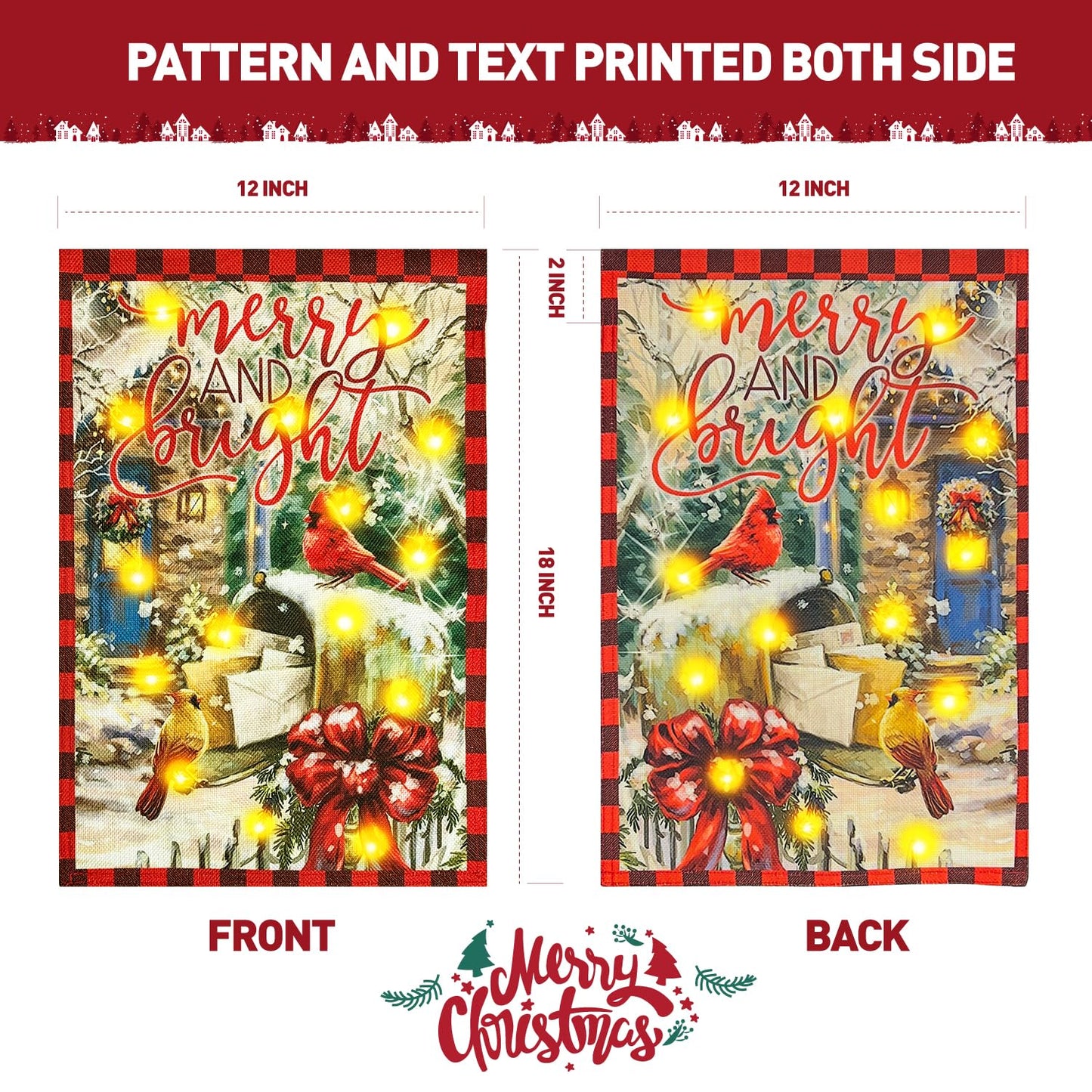 Vigor Home Merry and Bright Solar Led Lighted Garden Flag, Outdoor Lighted Decoration Xmas Greeting Mailbox Cardinal Cozy Home Yard Banner for Winter Holiday Outside Decor 12 x 18 Inch