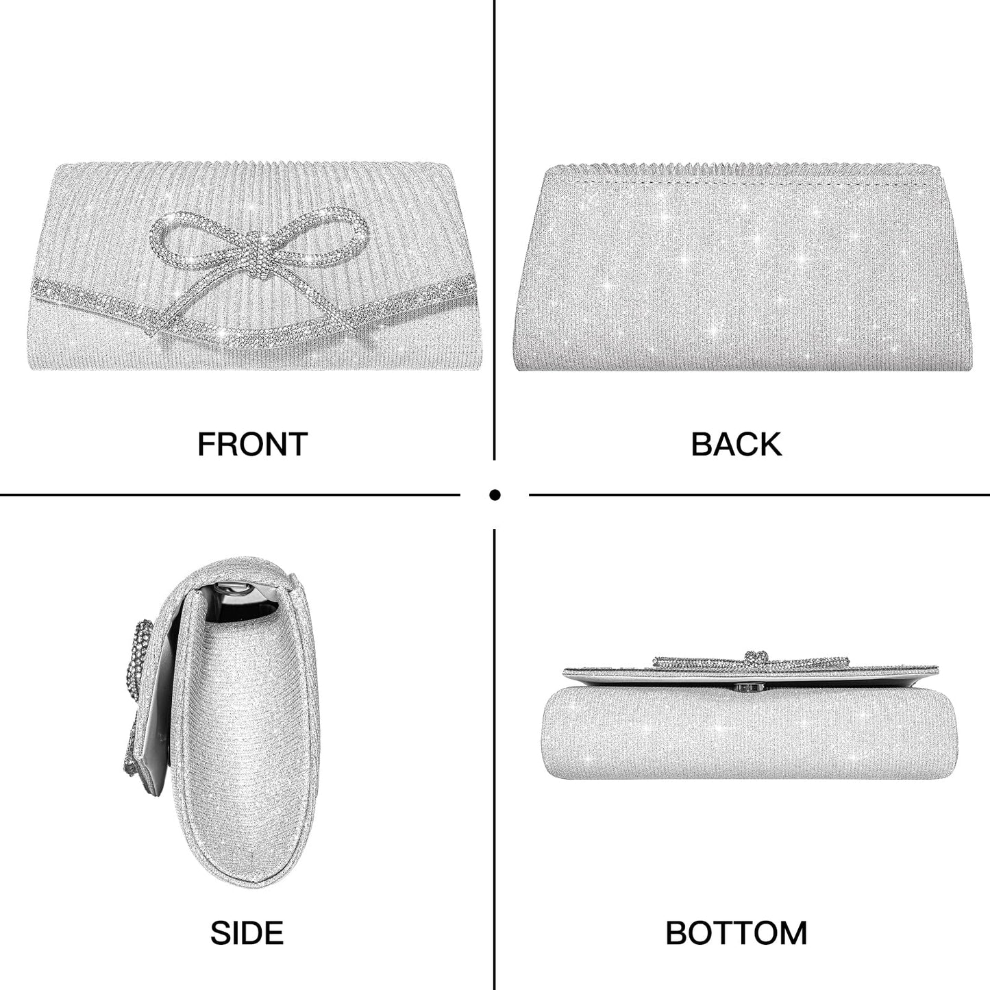 CurvChic Bow Evening Bag Sparkly Clutch Purses for Women Glitter Rhinestone Envelope Wedding Party Dressy Prom Purse