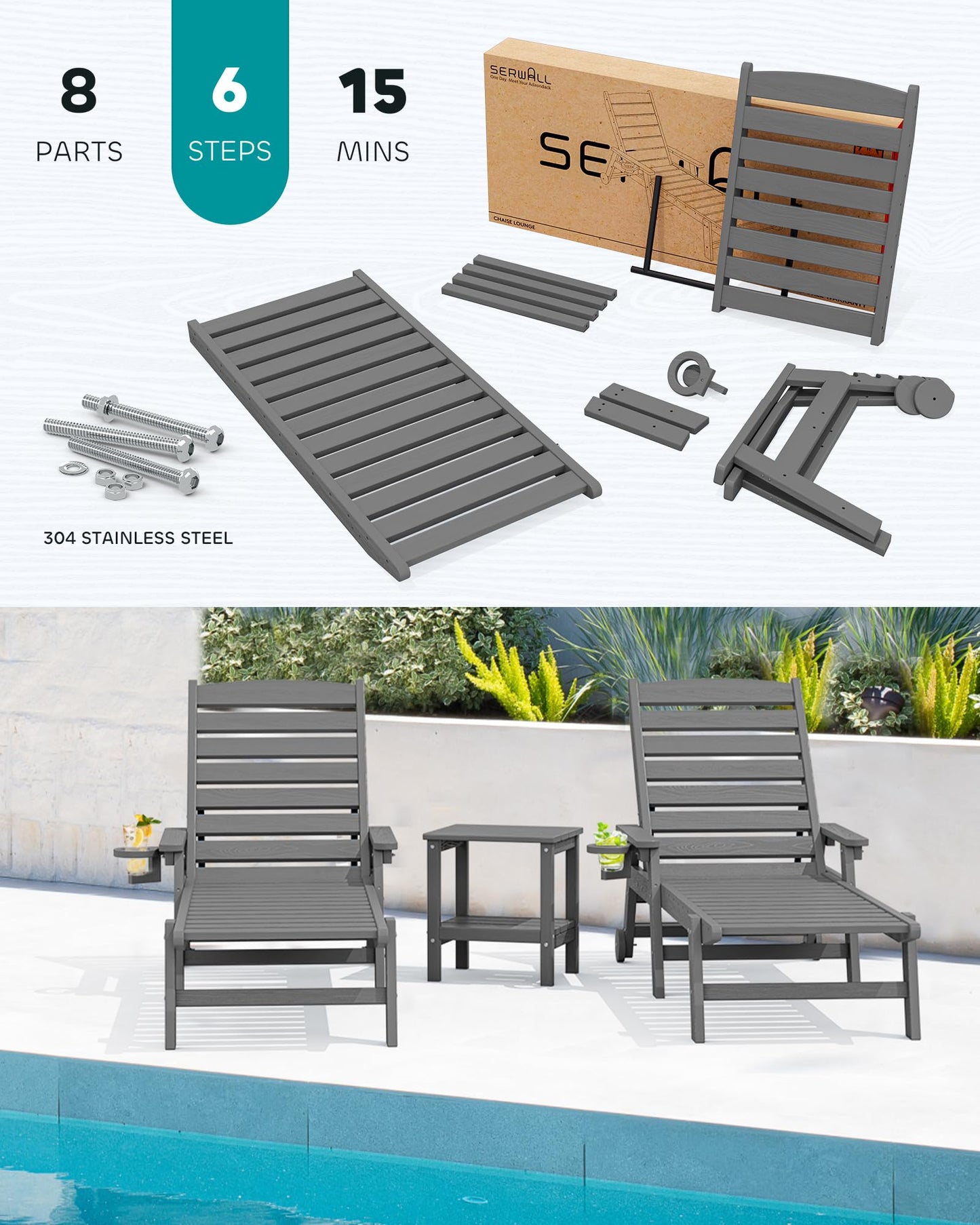 SERWALL Patio Chaise Lounge Chair, 78'' Long HDPE Outdoor Lounge Chair 5 Positions Adjustable Outdoor Lounger, Poly Lounge Chair with Rolling Wheels & Cup Holder for Pool, Slate Gray