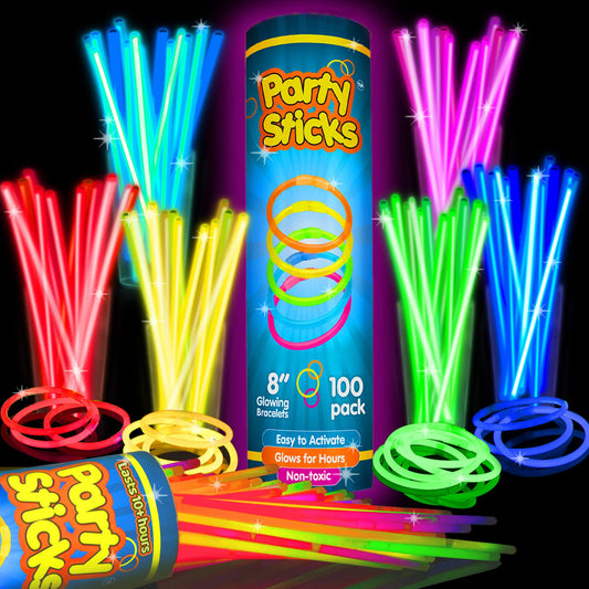 PartySticks Glow Sticks Party Supplies 100pk - 8 Inch Glow in the Dark Light Up Sticks Party Favors, Glow Decorations, Neon Party Glow Necklaces and Glow Bracelets with Connectors