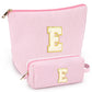 2 PCS Initial Makeup Bags for Women: Cosmetic Bag for Travel Toiletry - Birthday Gifts for 11 12 13 14 15 16 17 18 Years Old Girl Graduation Teacher Gift- Teen Girl Gifts Trendy Stuff - Pink A