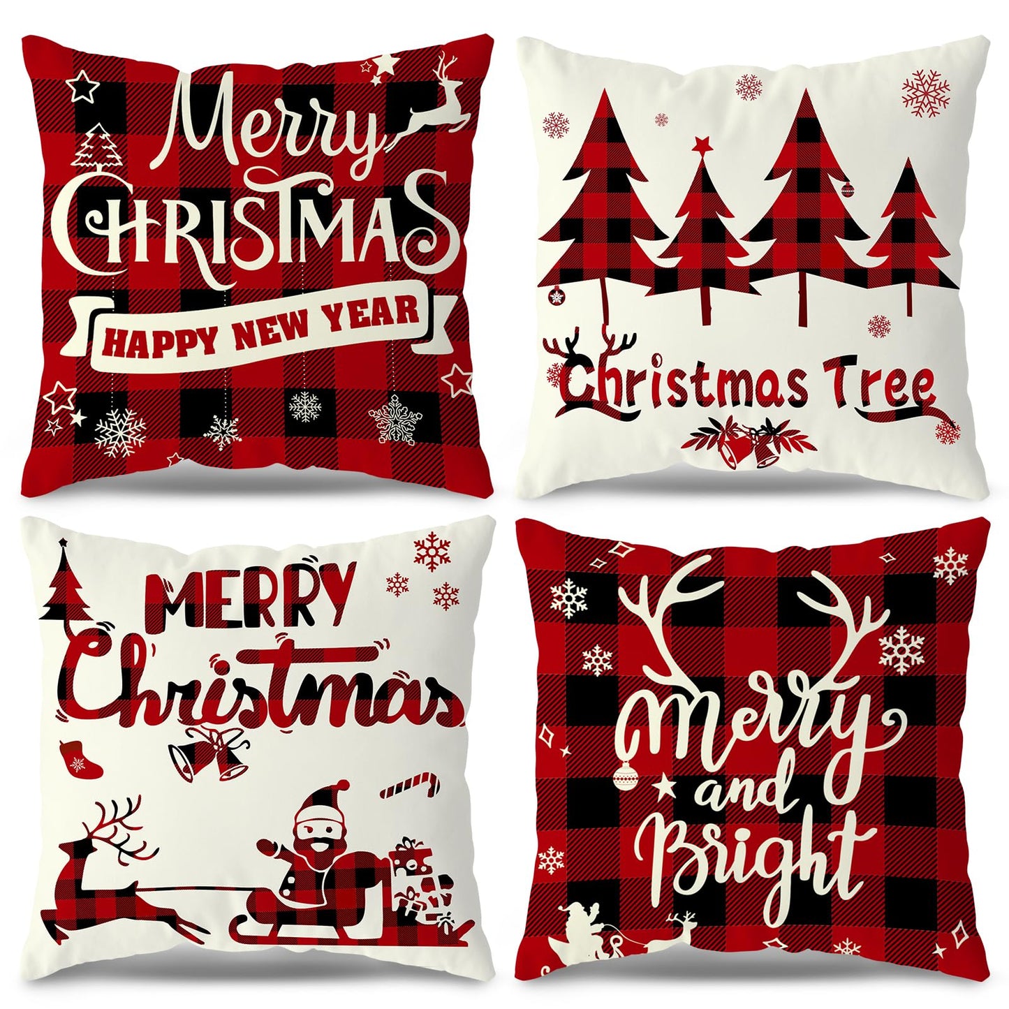 Christmas Pillow Covers 18x18 Set of 4 - Red Black Buffalo Check Plaid Decor - Indoor Outdoor Xmas Throw Pillow Cases for Sofa Couch