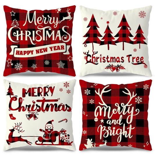 Christmas Pillow Covers 18x18 Set of 4 - Red Black Buffalo Check Plaid Decor - Indoor Outdoor Xmas Throw Pillow Cases for Sofa Couch