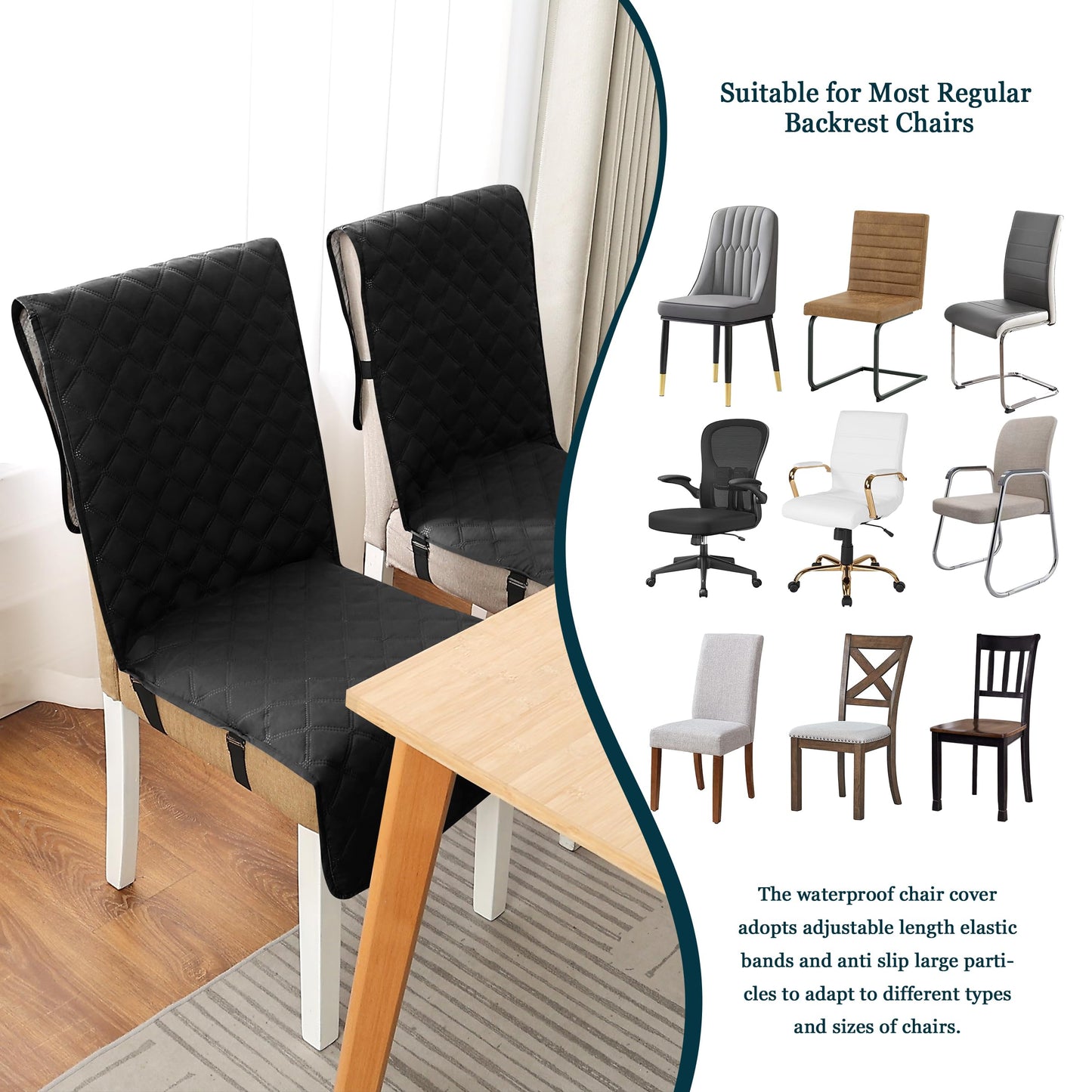 Yonus Waterproof Dining Chair Cover Office Chair Cover Water Resistant Dining Room Chair Cover Kitchen Chair Slipcover Computer Chair Cover with Anti-Slip Buckle (Black, 1PCS)