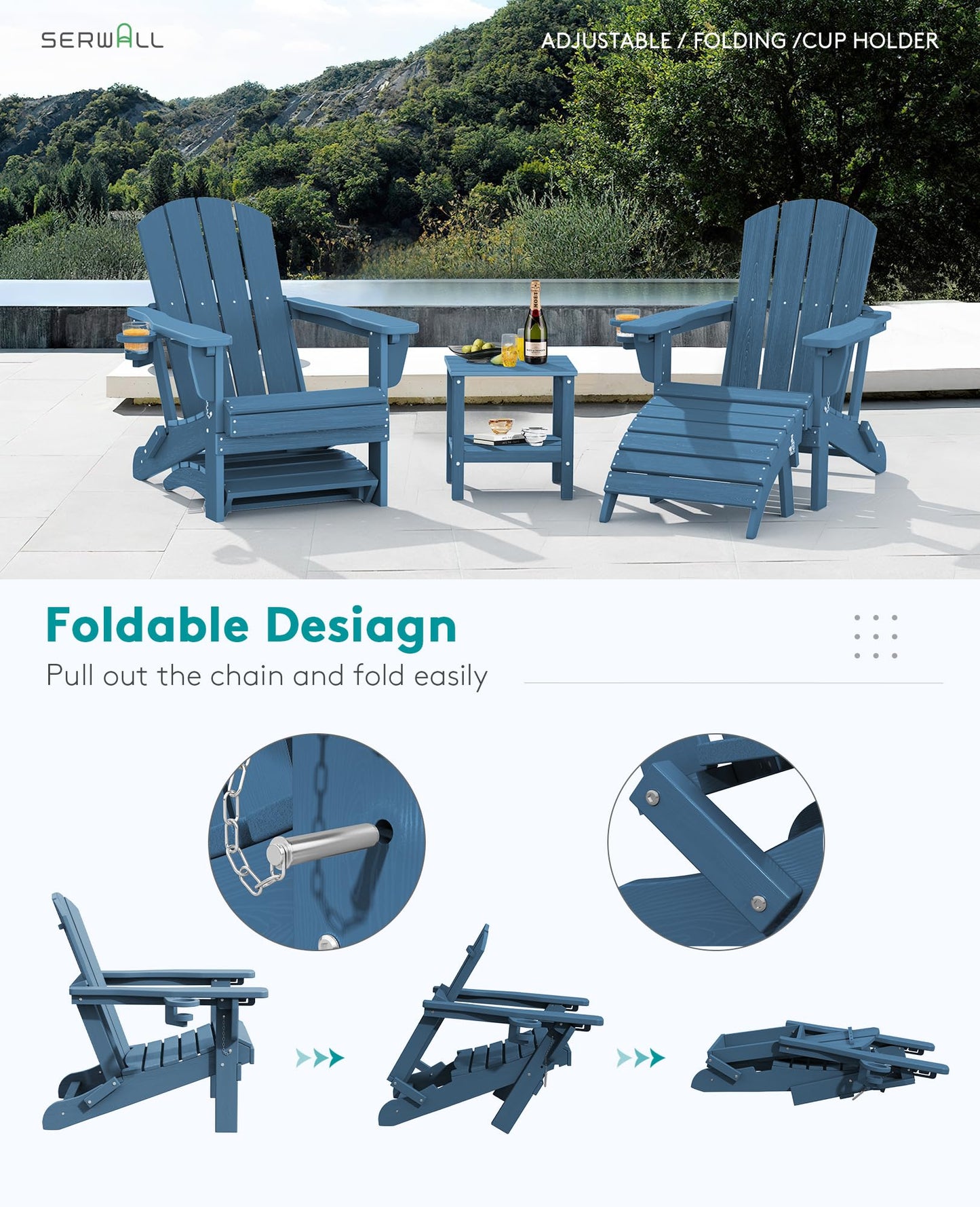 SERWALL 5-Piece Adirondack Chair and Ottoman and Table Set, HDPE Weather Resistant Adjustable Backrest Adirondack Chair with Ottoman and Side Table, Navy