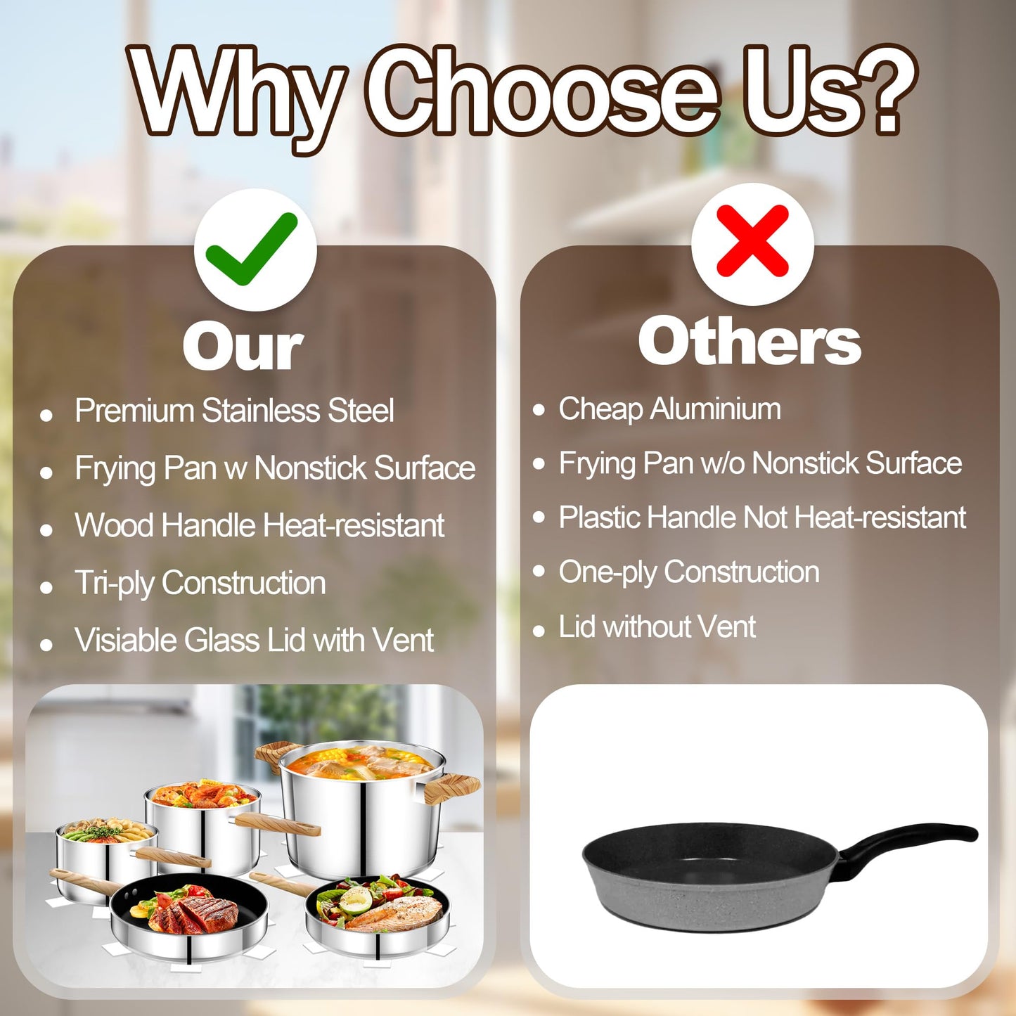 Stainless Steel Pots and Pans Set, 13 Pcs Cookware Set, RV Kitchen Cooking Set w/Non Stick Frying Pans & Saucepans & Lids & Stay-cool Wooden Handle, Induction Oven Dishwasher Safe, Non Toxic