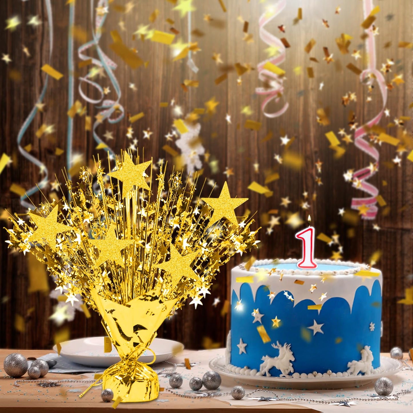 LACGO 4 PCS Metallic Foil Spray Centerpieces for Table - 12’’ Gold Centerpieces Decors with Star Party Favor Supplies for Wedding Birthday Baptism Graduation Celebration Home Decorations