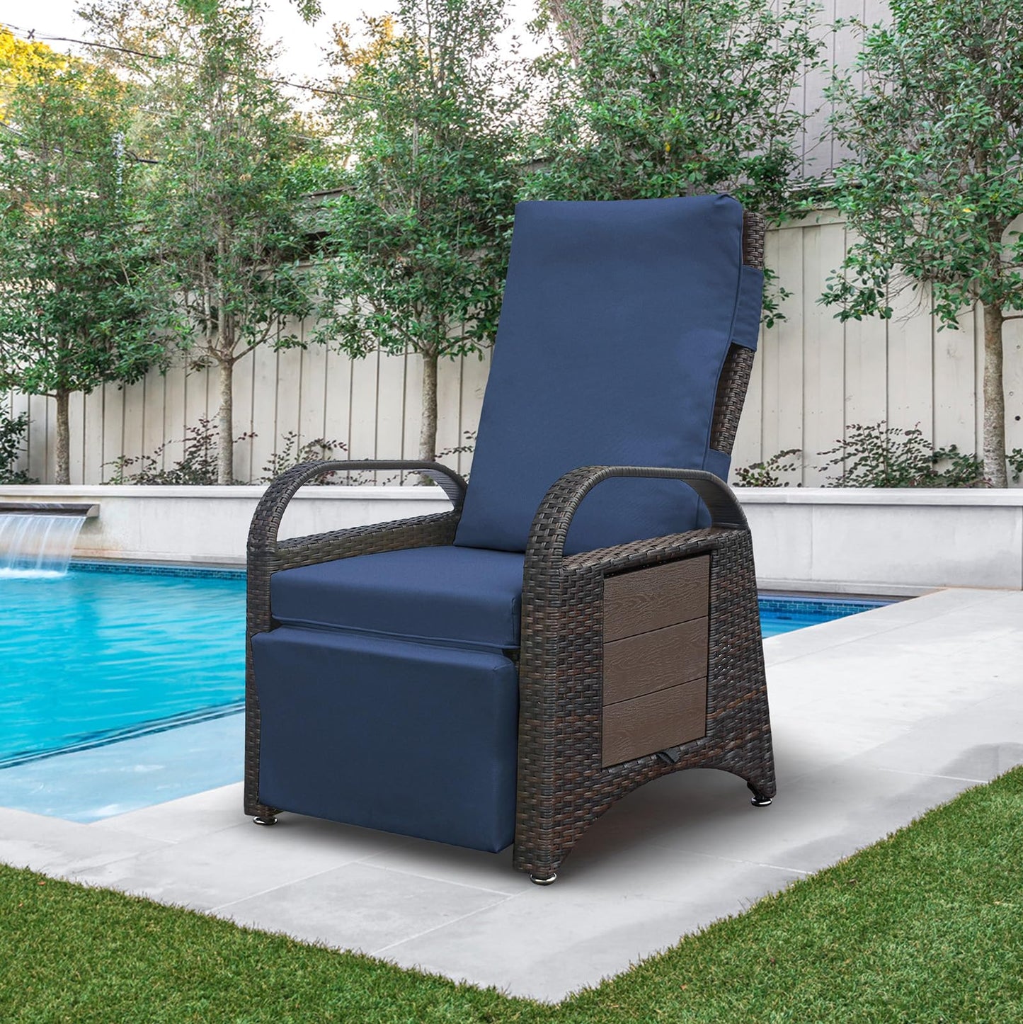 ATR ART TO REAL Outdoor Recliner Chairs, PE Wicker Reclining Lounge Chair with Removable Soft Cushion, Adjustable Outside Recliners for Patio, Porch, Poolside, Balcony, Lawn (Navy Blue, 1 PC)