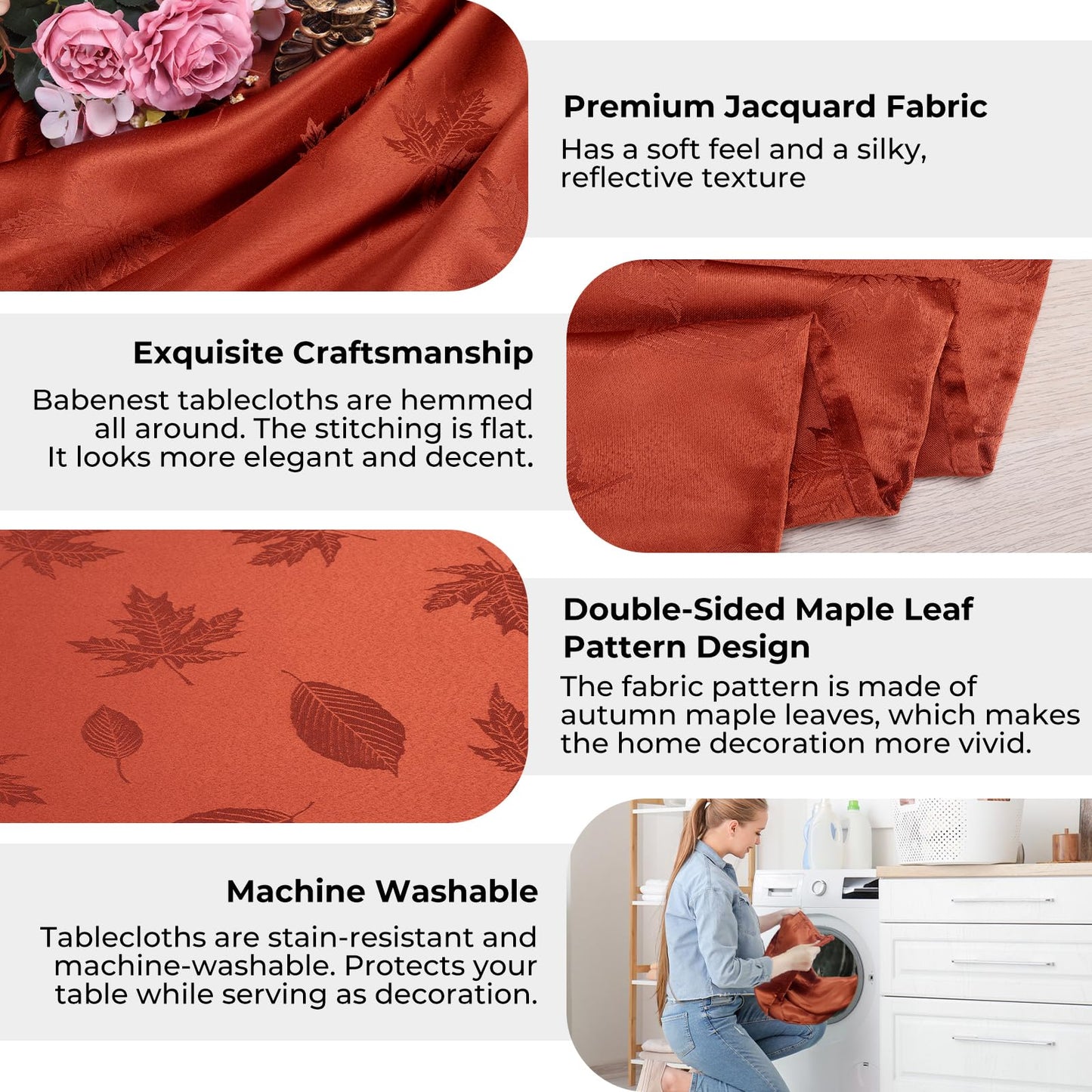 Babenest Fall Tablecloth Rectangle 60x104 Inch, Autumn Maple Leaves Jacquard Wrinkle Resistant Table Cloth, Polyester Fabric Table Cover for Thanksgiving Harvest Party Dining Wedding (Burnt Orange)