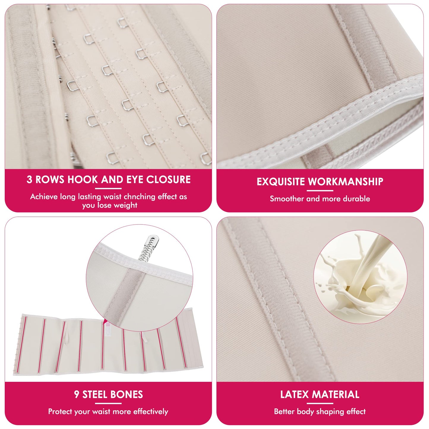 Atbuty Short Torso Waist Trainers Cincher Corset Underbust Body Shaper Latex Sport Girdle (Beige (9'' Short Torso, 9 Steel Bones), 2XS)