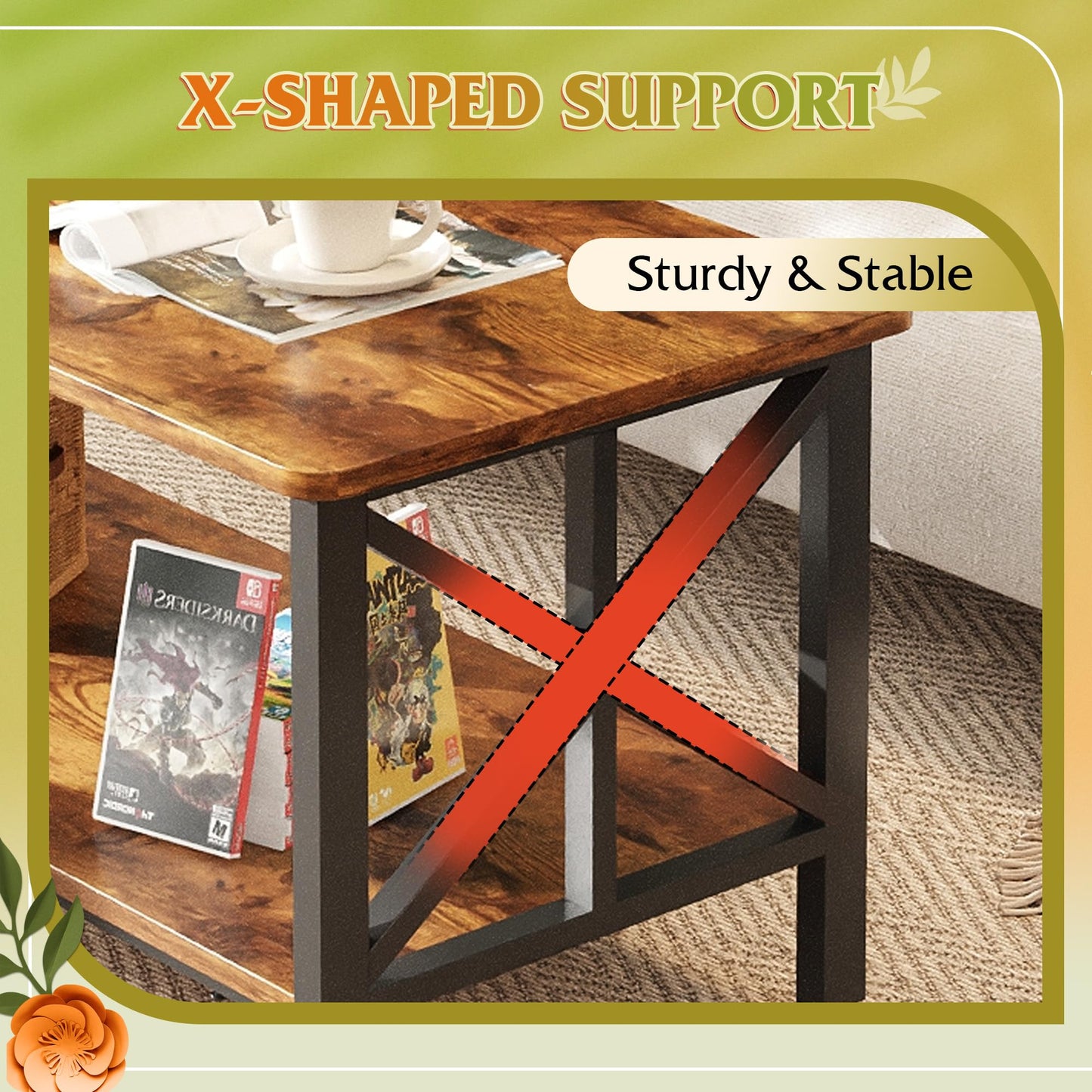 WLIVE Coffee Table for Living Room, 39" Center Table with Round Corners, Storage Shelf, Farmhouse Style Small Coffee Table with Metal Frame, Rustic Brown