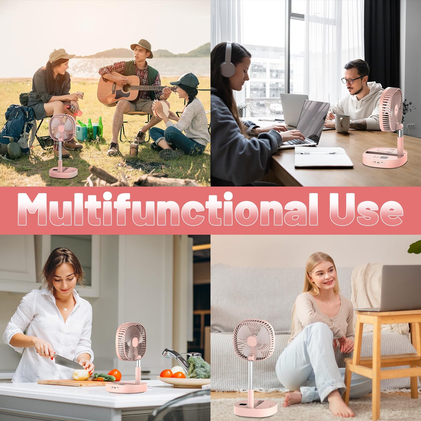 Dhenrio Portable Oscillating Pedestal Fan with Romote, 4 Speed 120° Telescopic Rotation Foldable Standing Collapsible Fans, 7200Mah Rechargeable, Quiet Timer DeskFan for Travel Camping Home, Pink